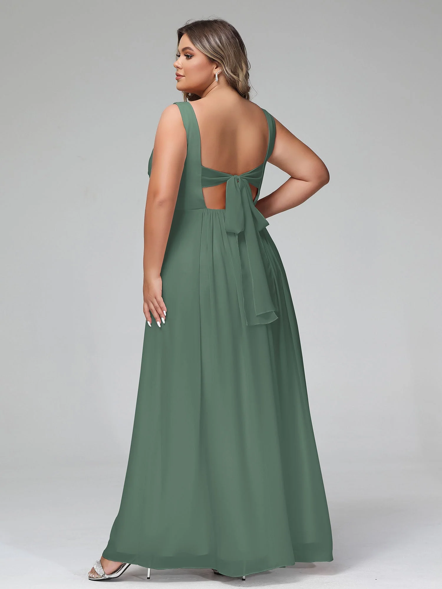 Open Back Chiffon Dresses with Deep V-neck Eucalyptus - Image 7
