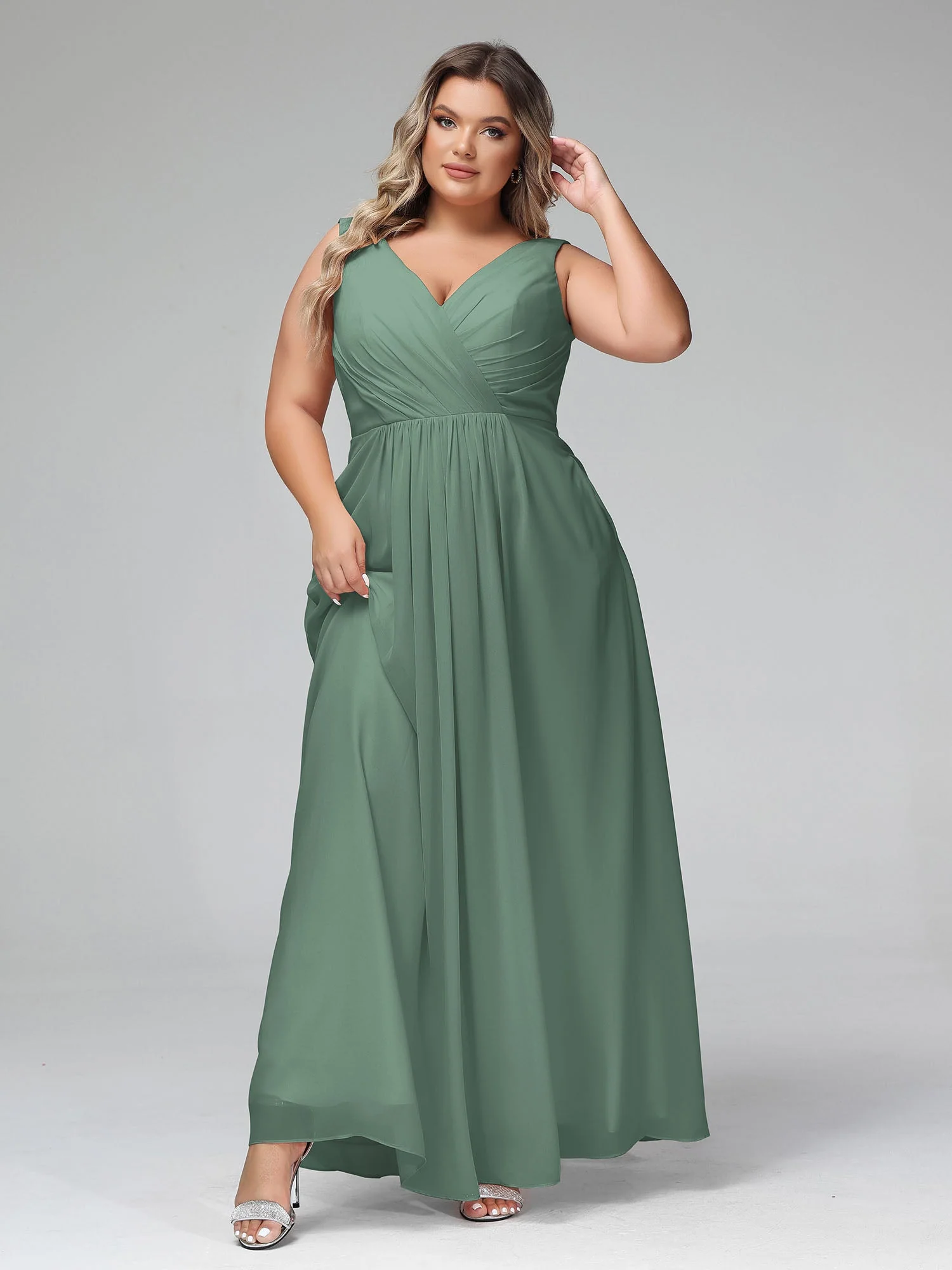 Open Back Chiffon Dresses with Deep V-neck Eucalyptus - Image 8