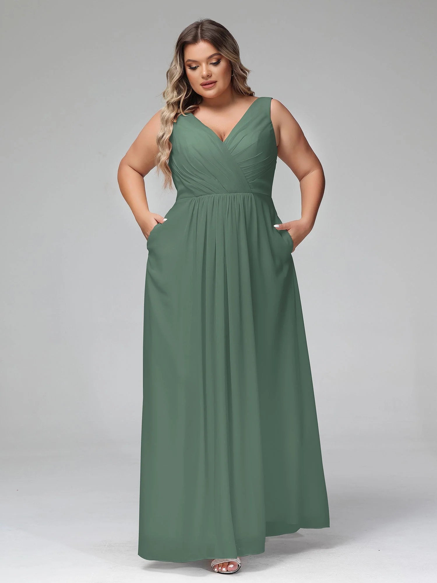 Open Back Chiffon Dresses with Deep V-neck Eucalyptus - Image 9