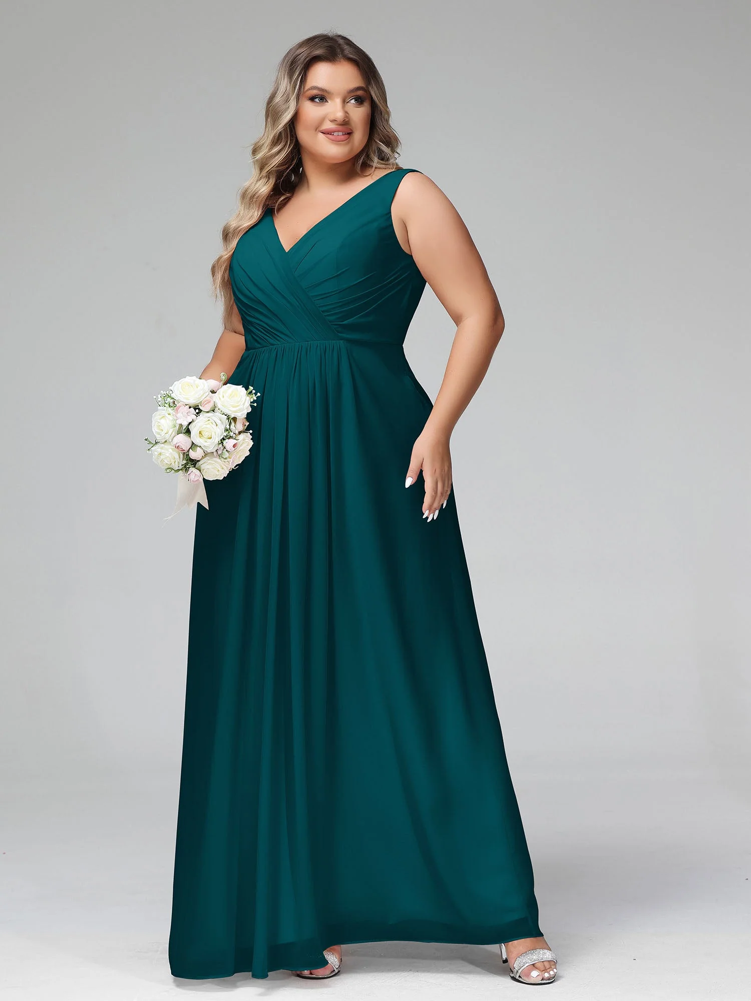 Open Back Chiffon Dresses with Deep V-neck Pine - Image 10