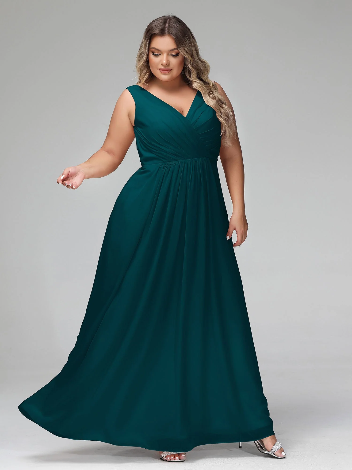 Open Back Chiffon Dresses with Deep V-neck Pine - Image 11
