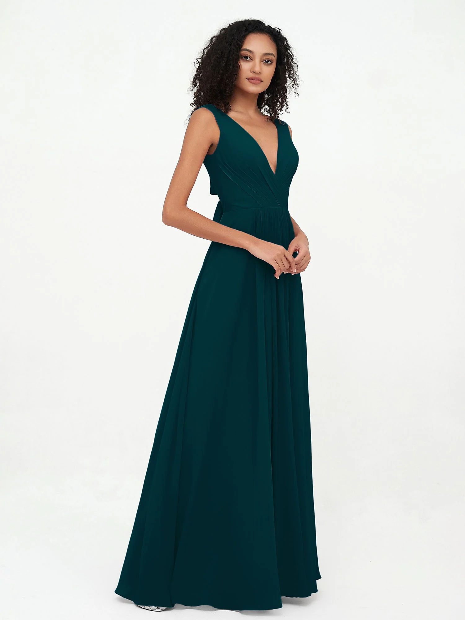 Open Back Chiffon Dresses with Deep V-neck Pine - Image 3