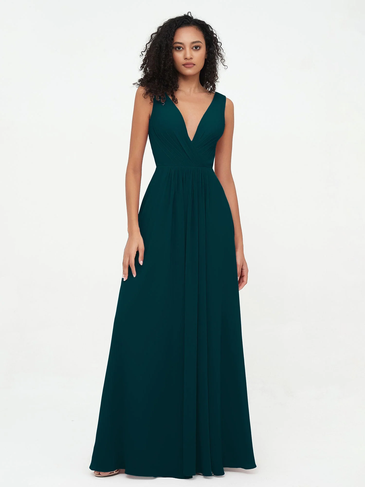 Open Back Chiffon Dresses with Deep V-neck Pine - Image 4