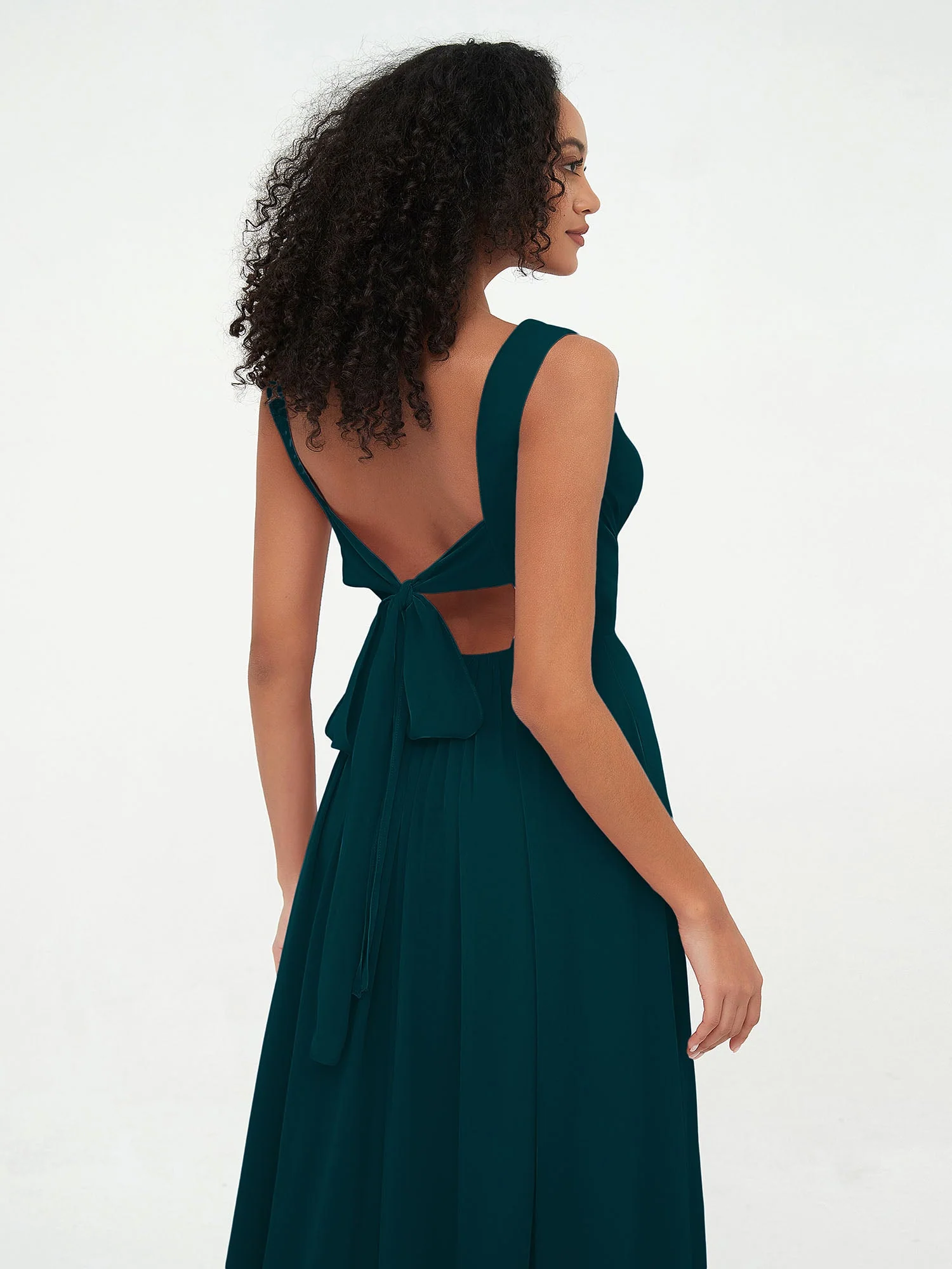 Open Back Chiffon Dresses with Deep V-neck Pine - Image 5