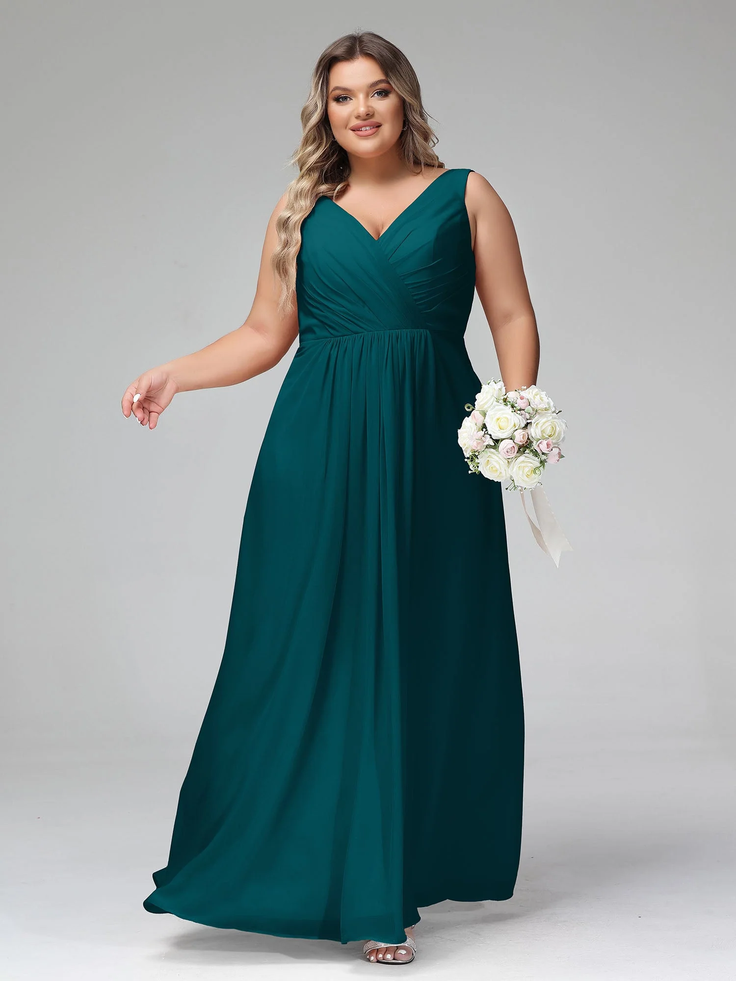 Open Back Chiffon Dresses with Deep V-neck Pine - Image 6
