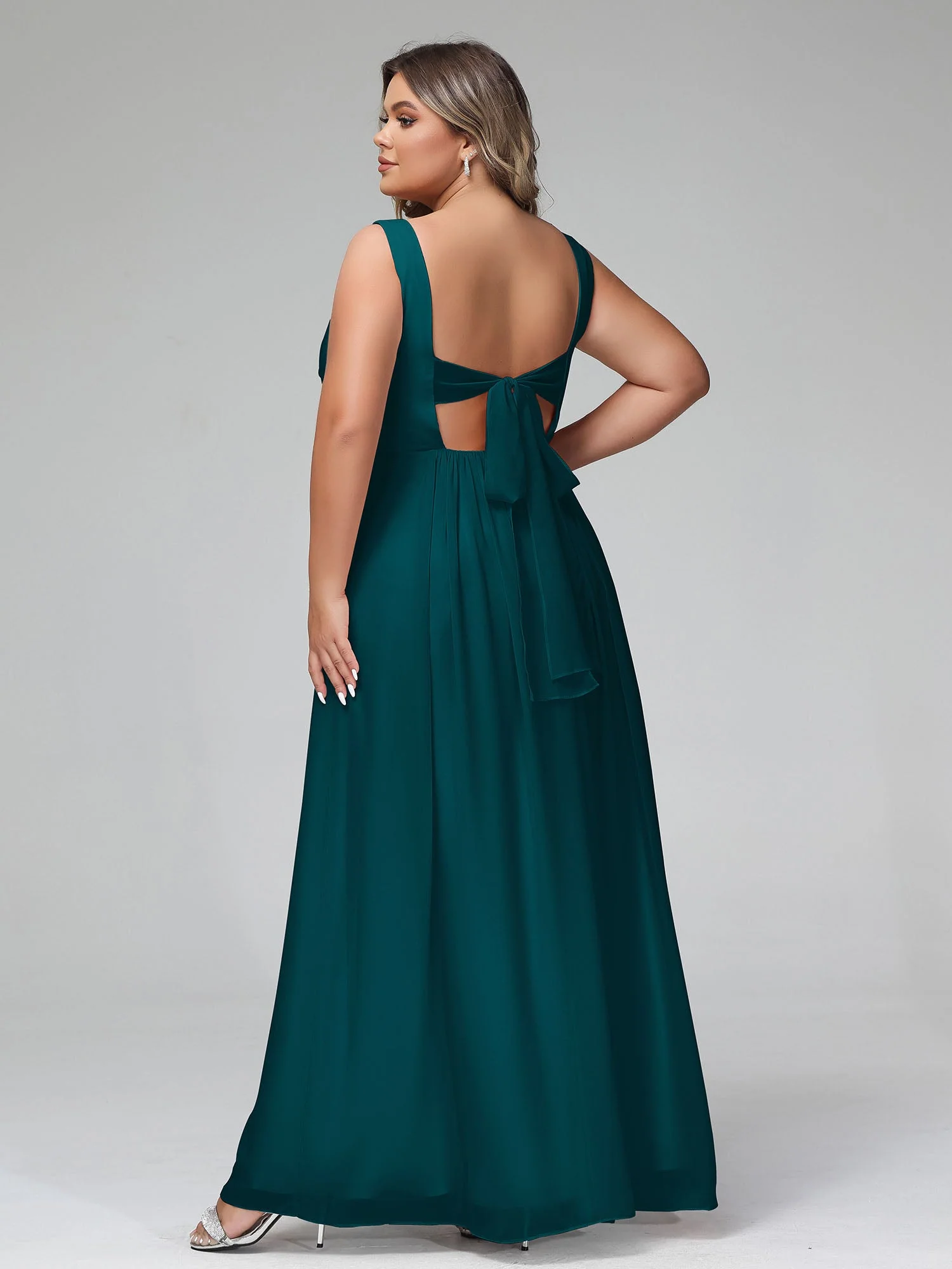 Open Back Chiffon Dresses with Deep V-neck Pine - Image 7
