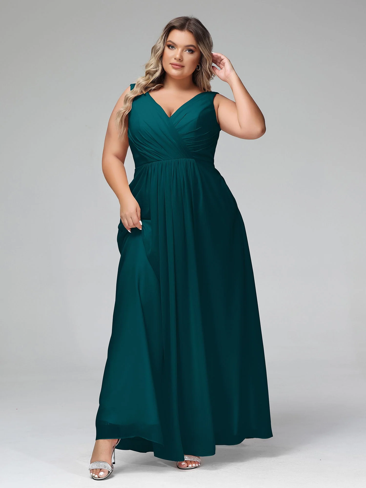 Open Back Chiffon Dresses with Deep V-neck Pine - Image 8