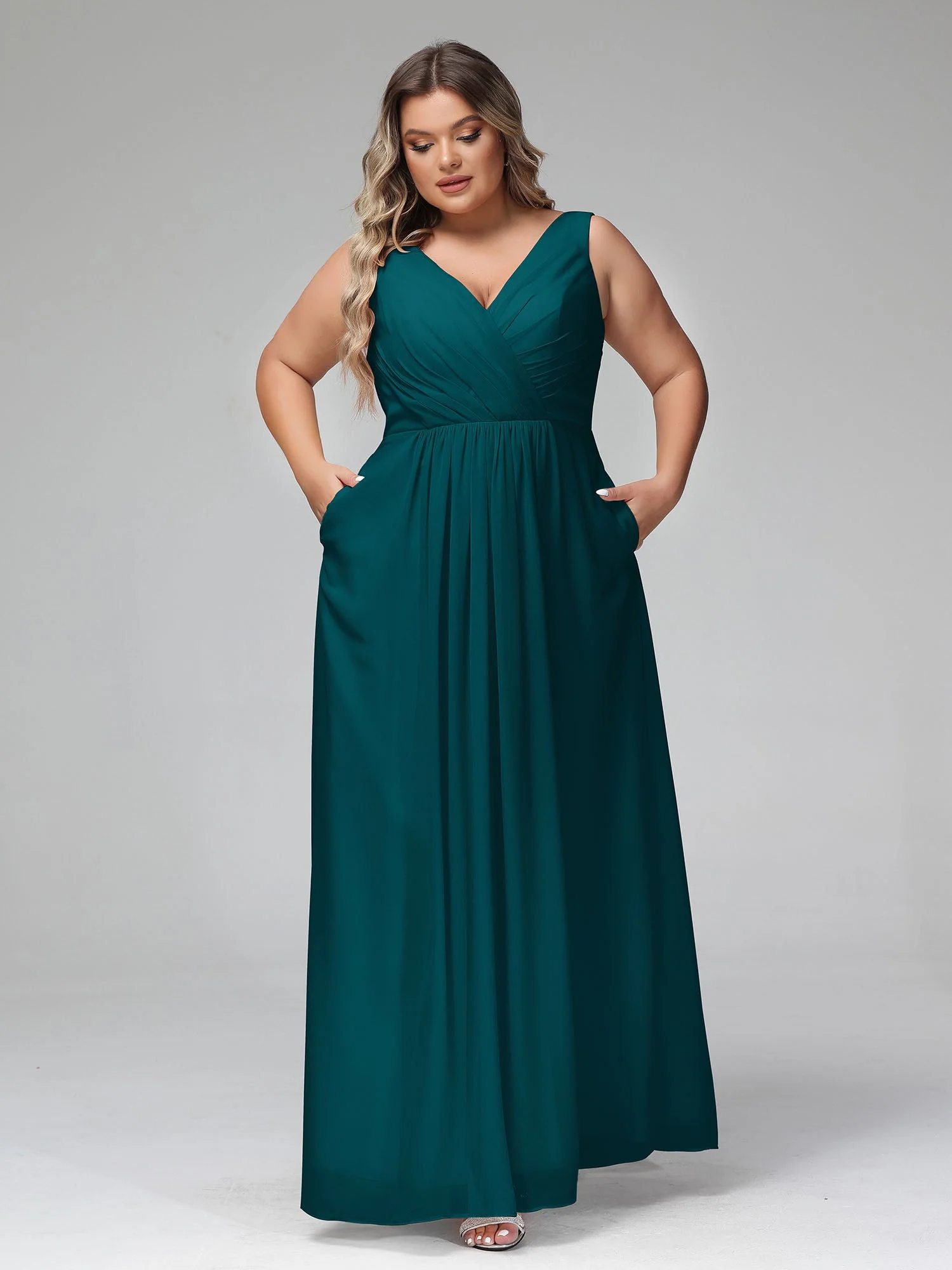 Open Back Chiffon Dresses with Deep V-neck Pine - Image 9