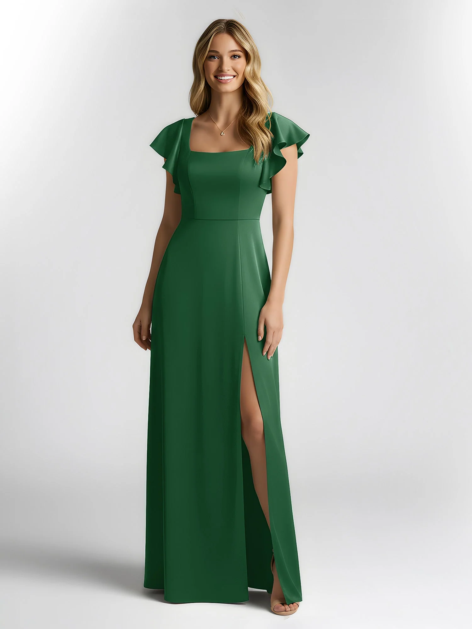 Flutter Sleeves Chiffon Square Neck A-Line Dresses With Slit Dark Green - Image 3