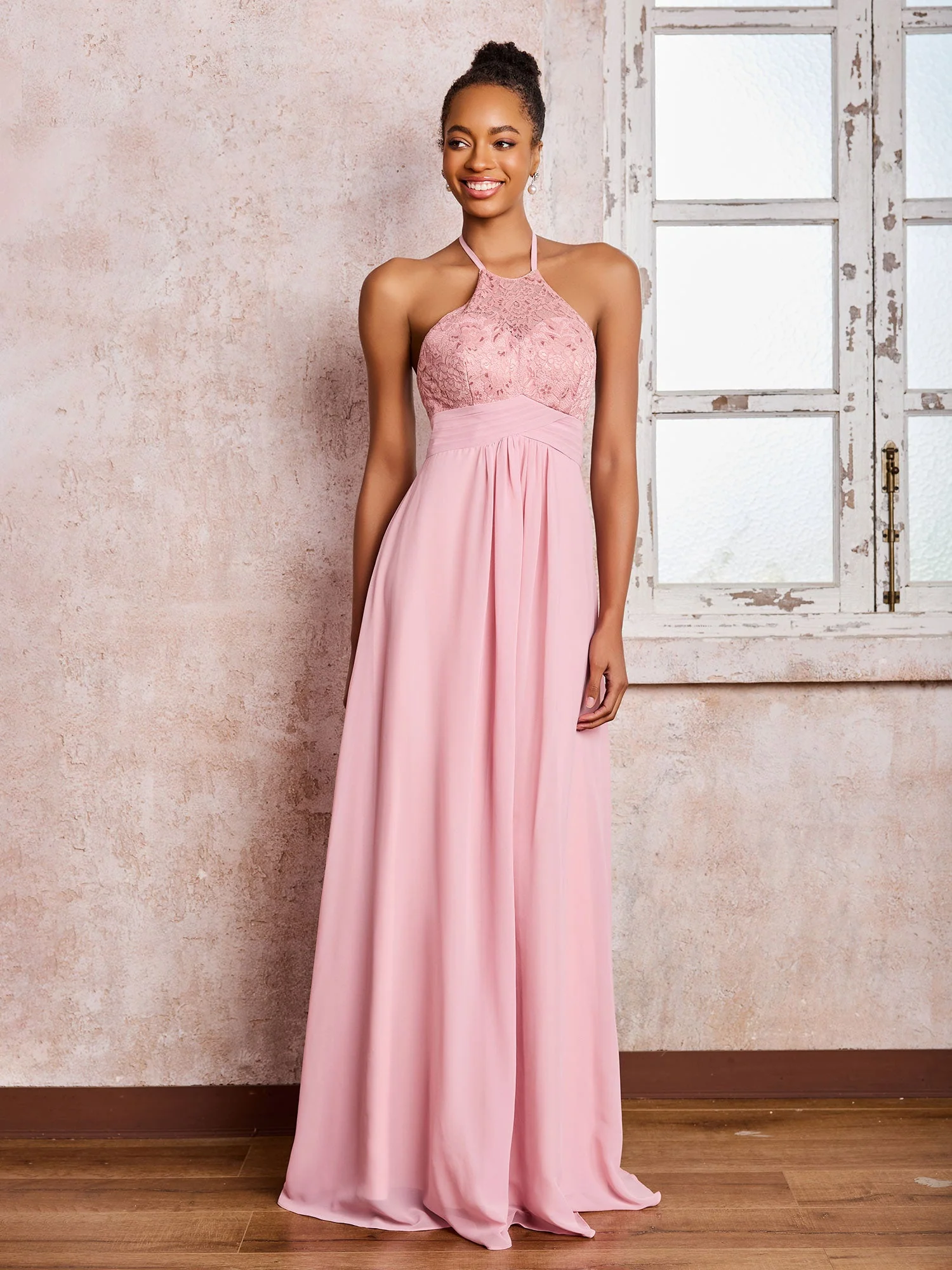 Sleeveless Halter Chiffon Lace Top Long Dresses Dusty Rose - Image 3
