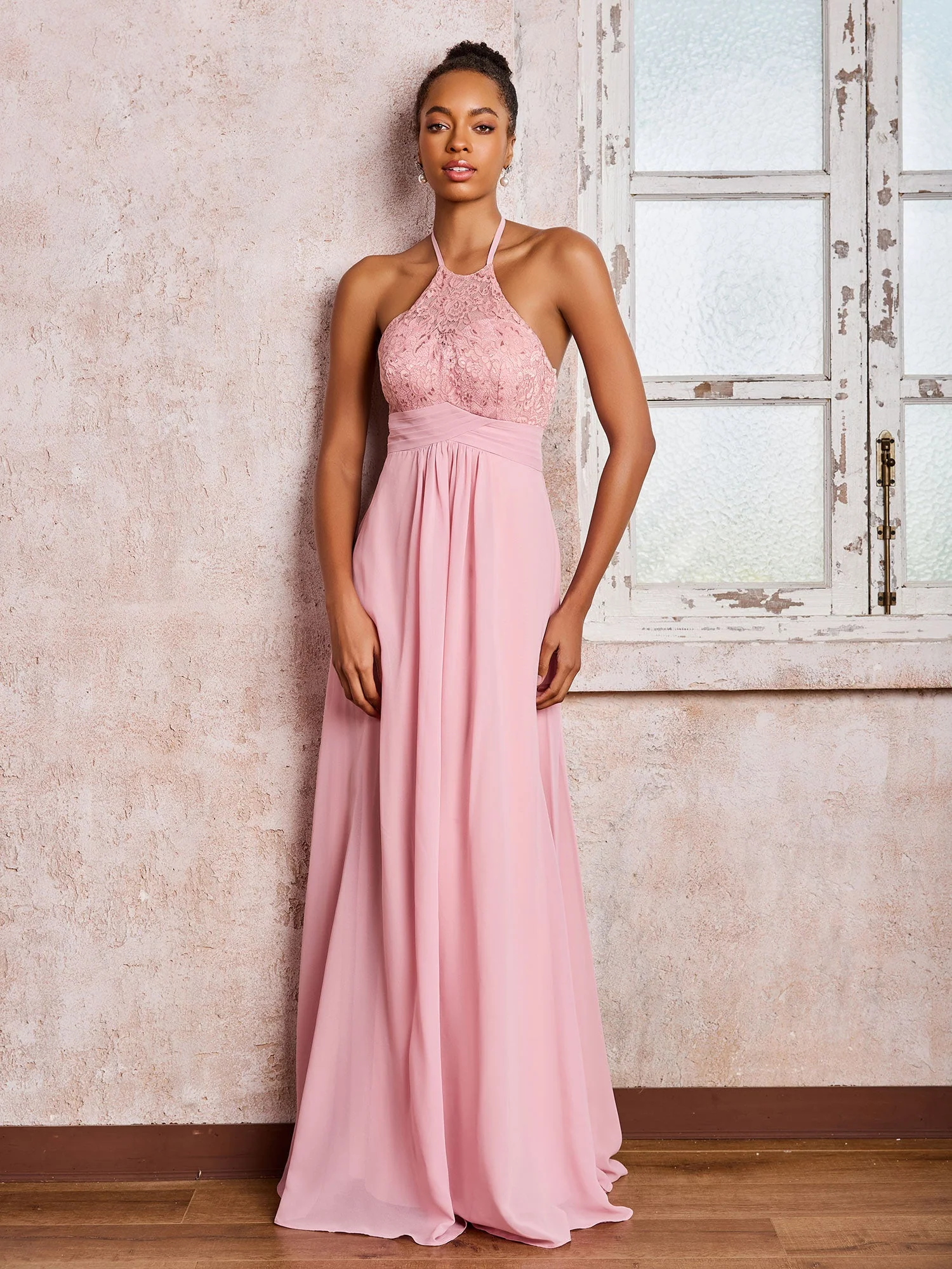 Sleeveless Halter Chiffon Lace Top Long Dresses Dusty Rose - Image 4