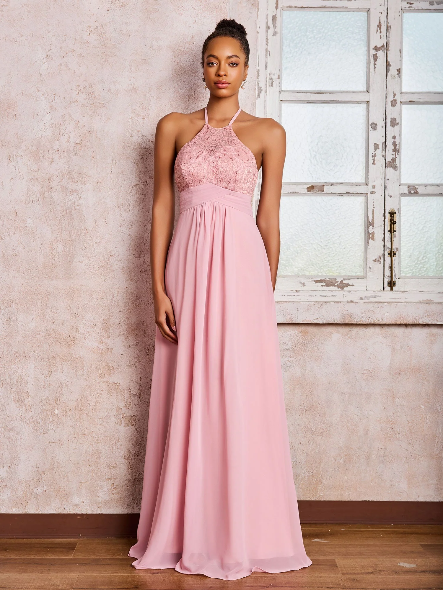 Sleeveless Halter Chiffon Lace Top Long Dresses Dusty Rose - Image 5