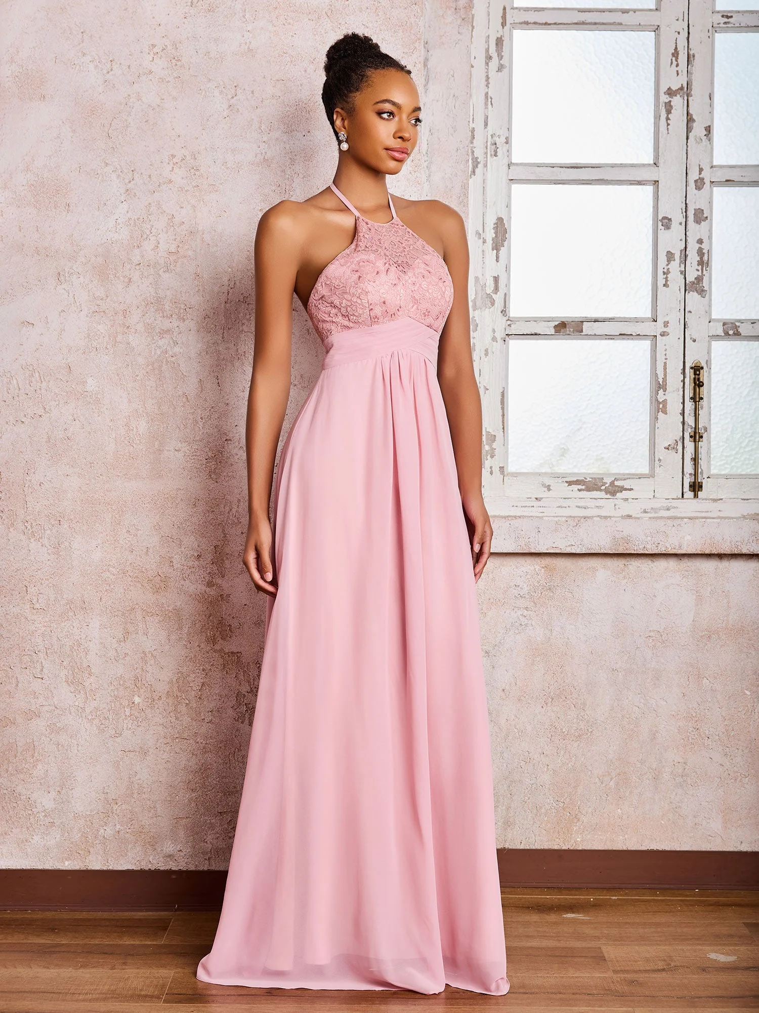 Sleeveless Halter Chiffon Lace Top Long Dresses Dusty Rose - Image 6