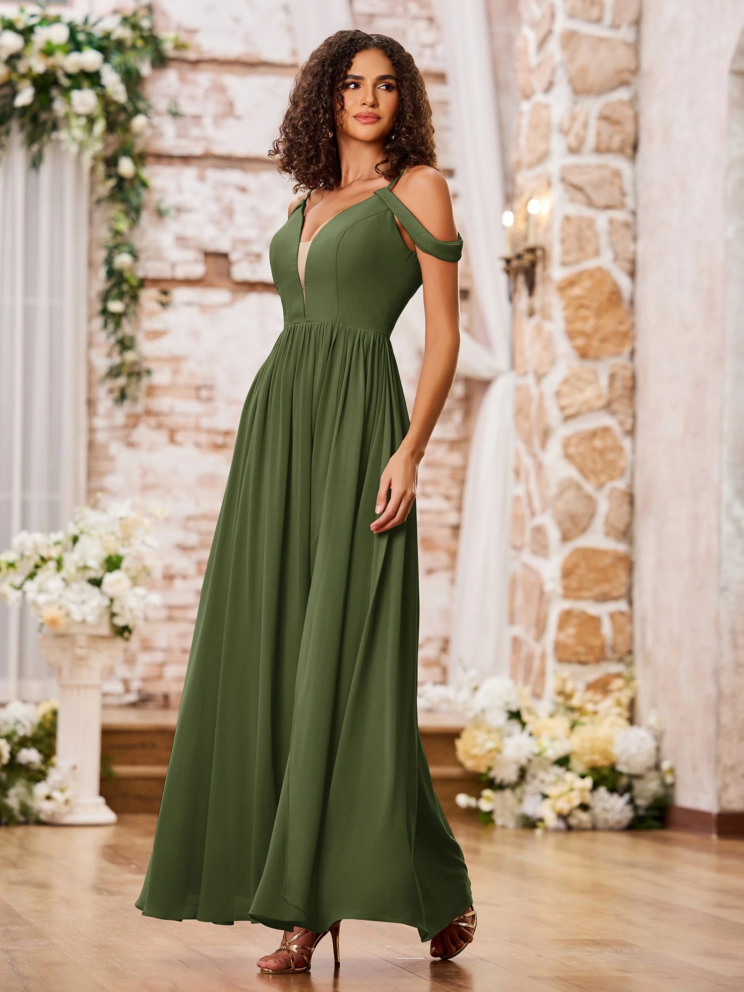 Spaghetti Strap Dresses with Deep V-neck and Slit Olive Green - Image 3