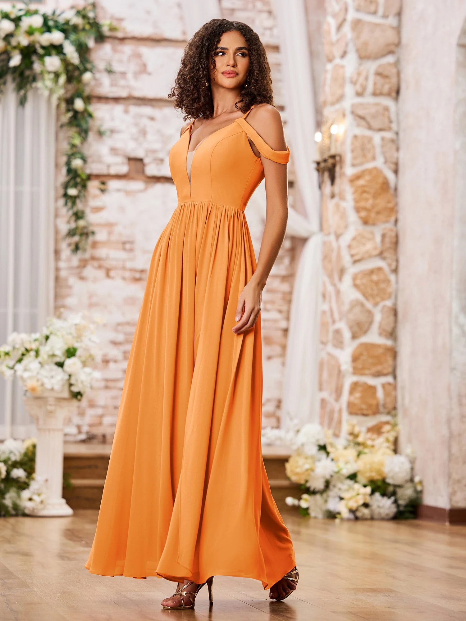 Spaghetti Strap Dresses with Deep V-neck and Slit Orange - Image 3