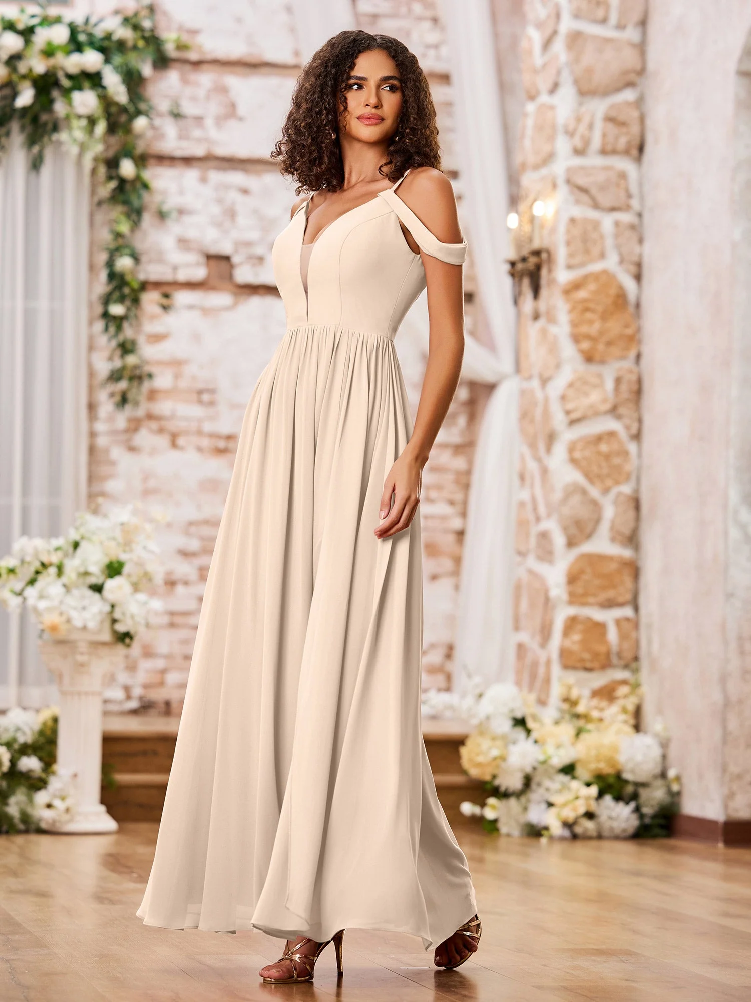 Spaghetti Strap Dresses with Deep V-neck and Slit Peach - Image 3