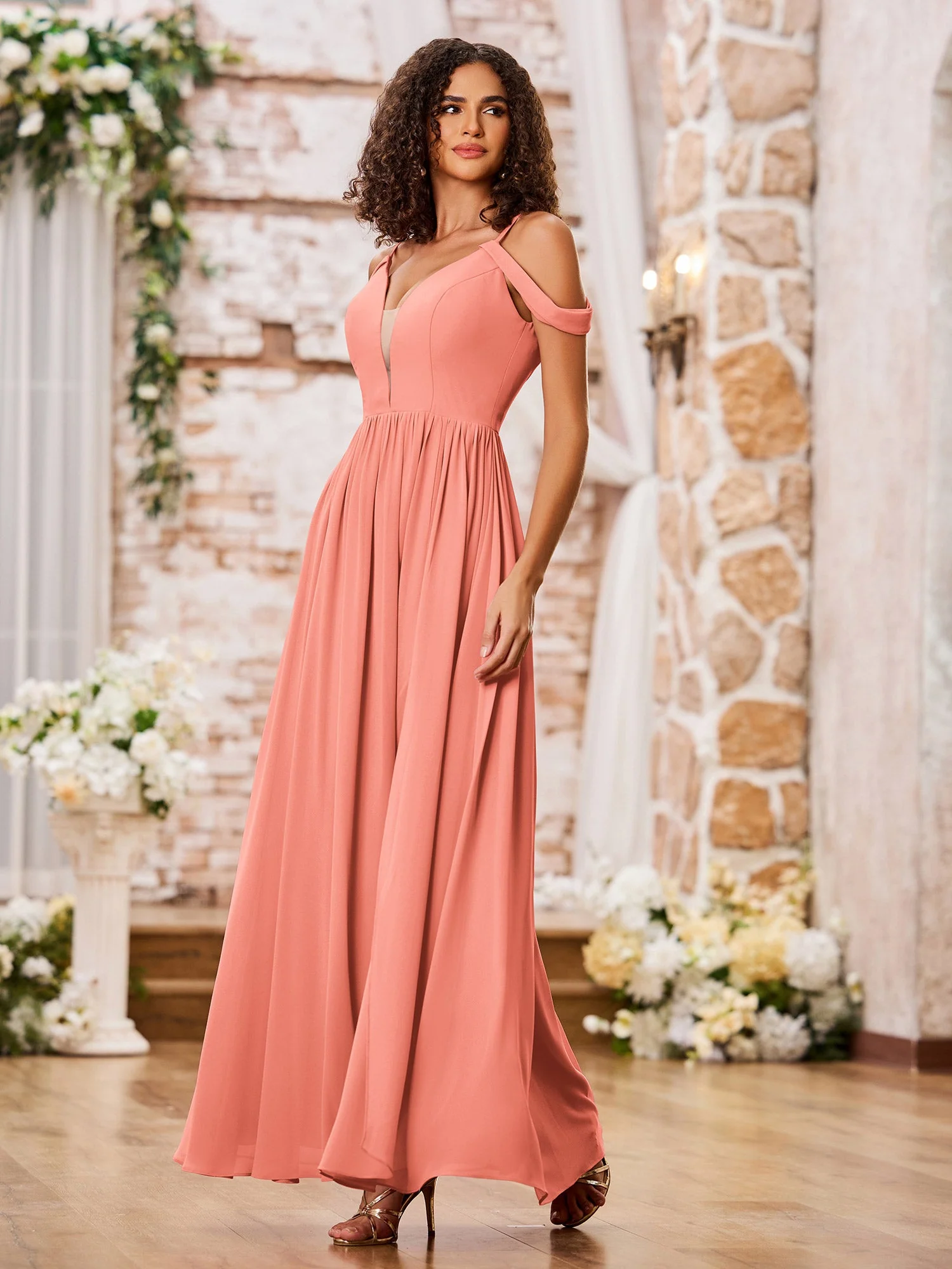 Spaghetti Strap Dresses with Deep V-neck and Slit Sunset - Image 3
