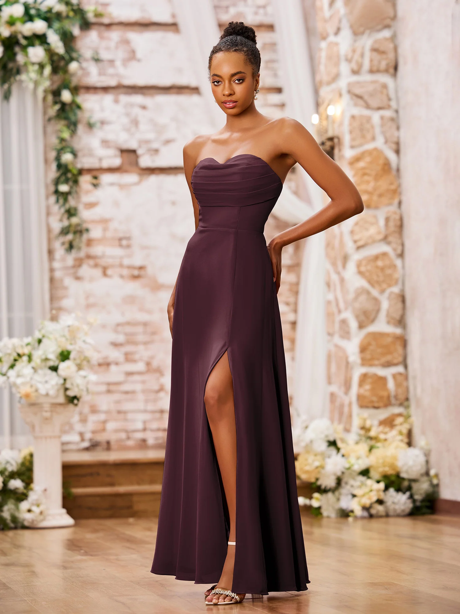 Strapless Chiffon Maxi Dresses with Slit Cabernet - Image 3