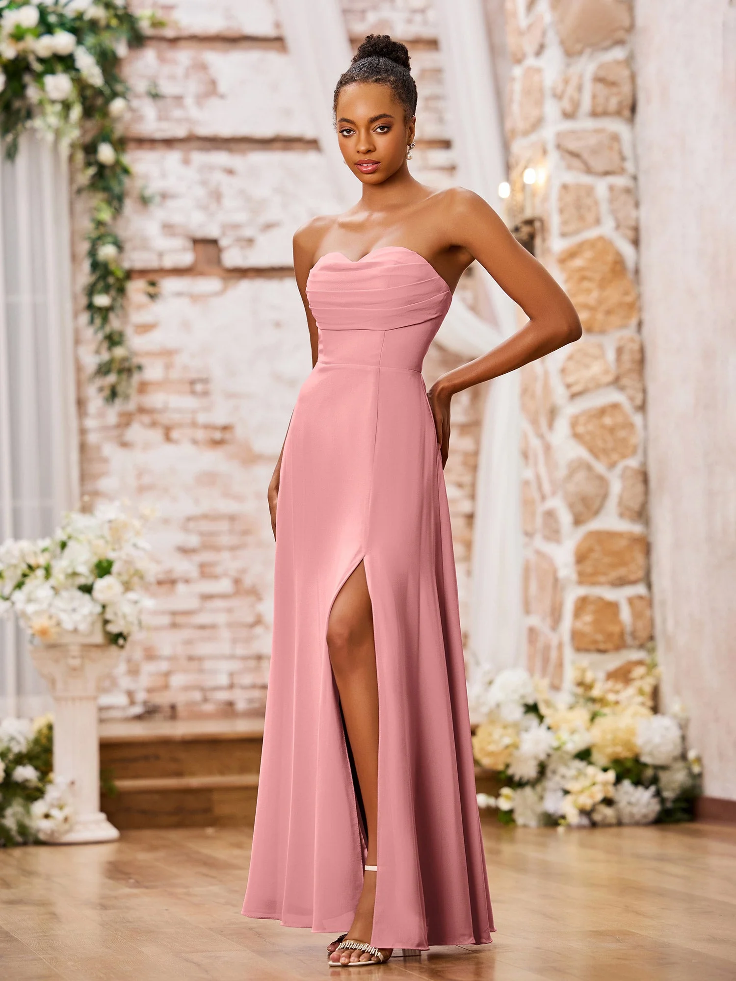 Strapless Chiffon Maxi Dresses with Slit Flamingo - Image 3