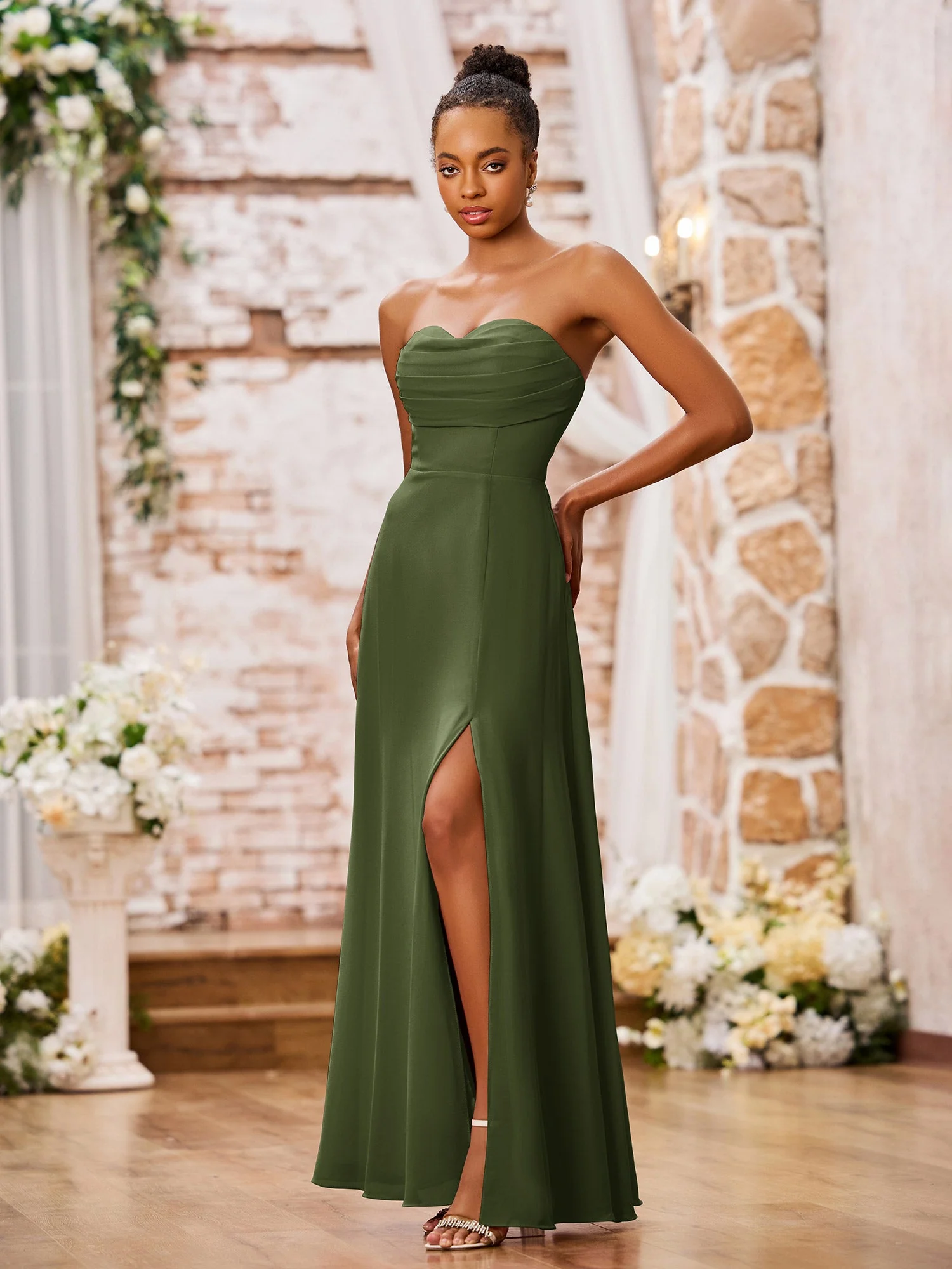 Strapless Chiffon Maxi Dresses with Slit Olive Green - Image 3