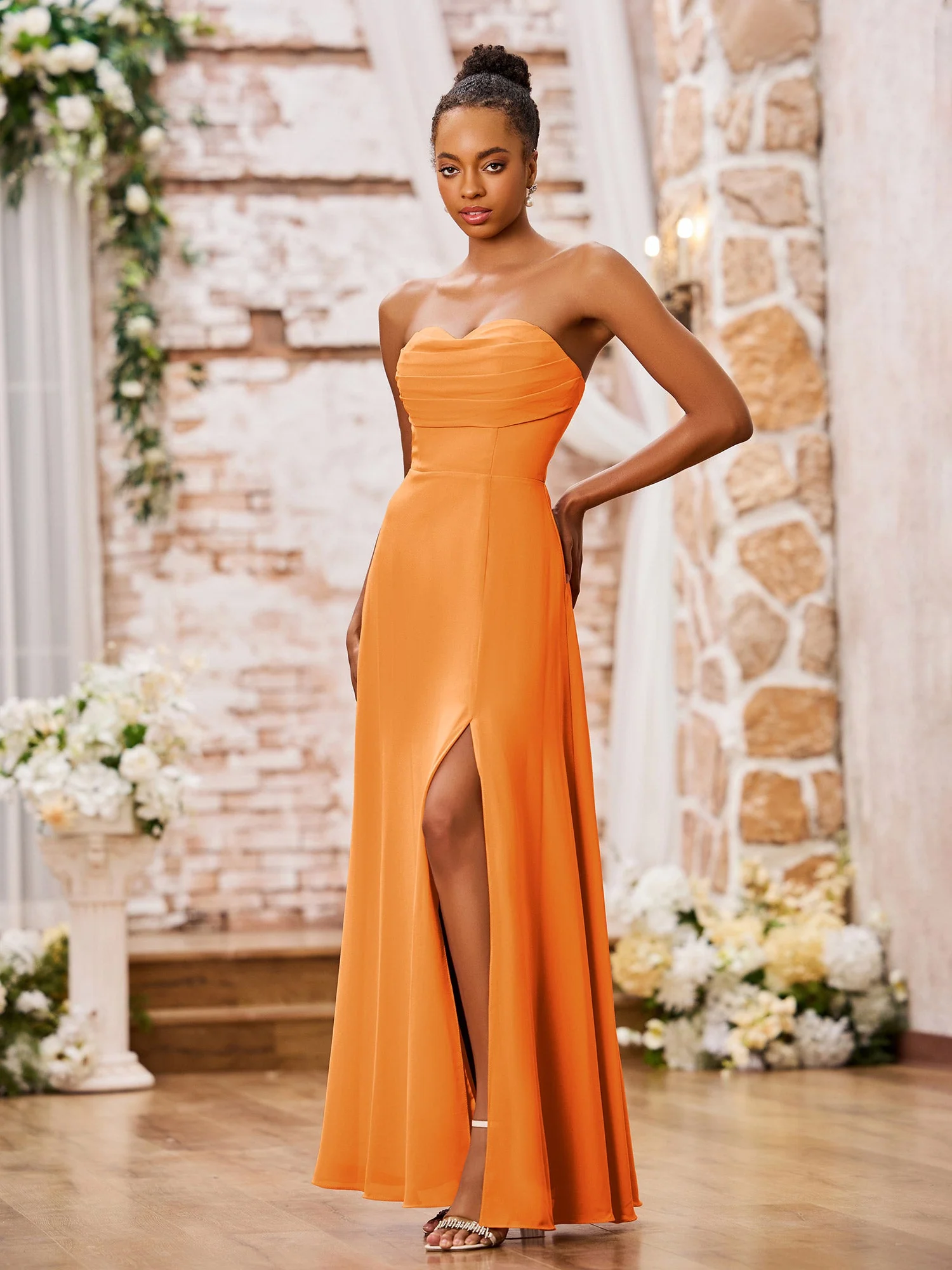 Strapless Chiffon Maxi Dresses with Slit Orange - Image 3