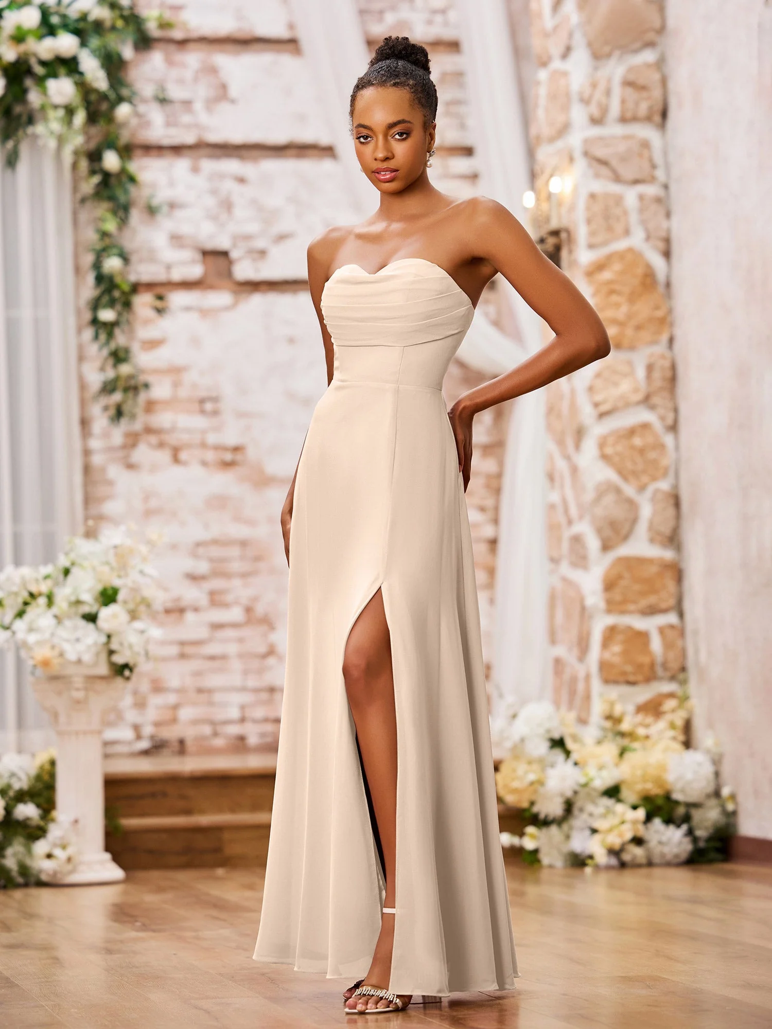 Strapless Chiffon Maxi Dresses with Slit Peach - Image 3