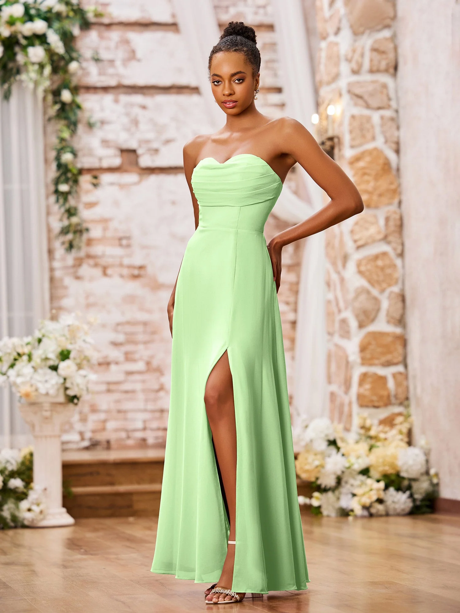 Strapless Chiffon Maxi Dresses with Slit Sage - Image 3