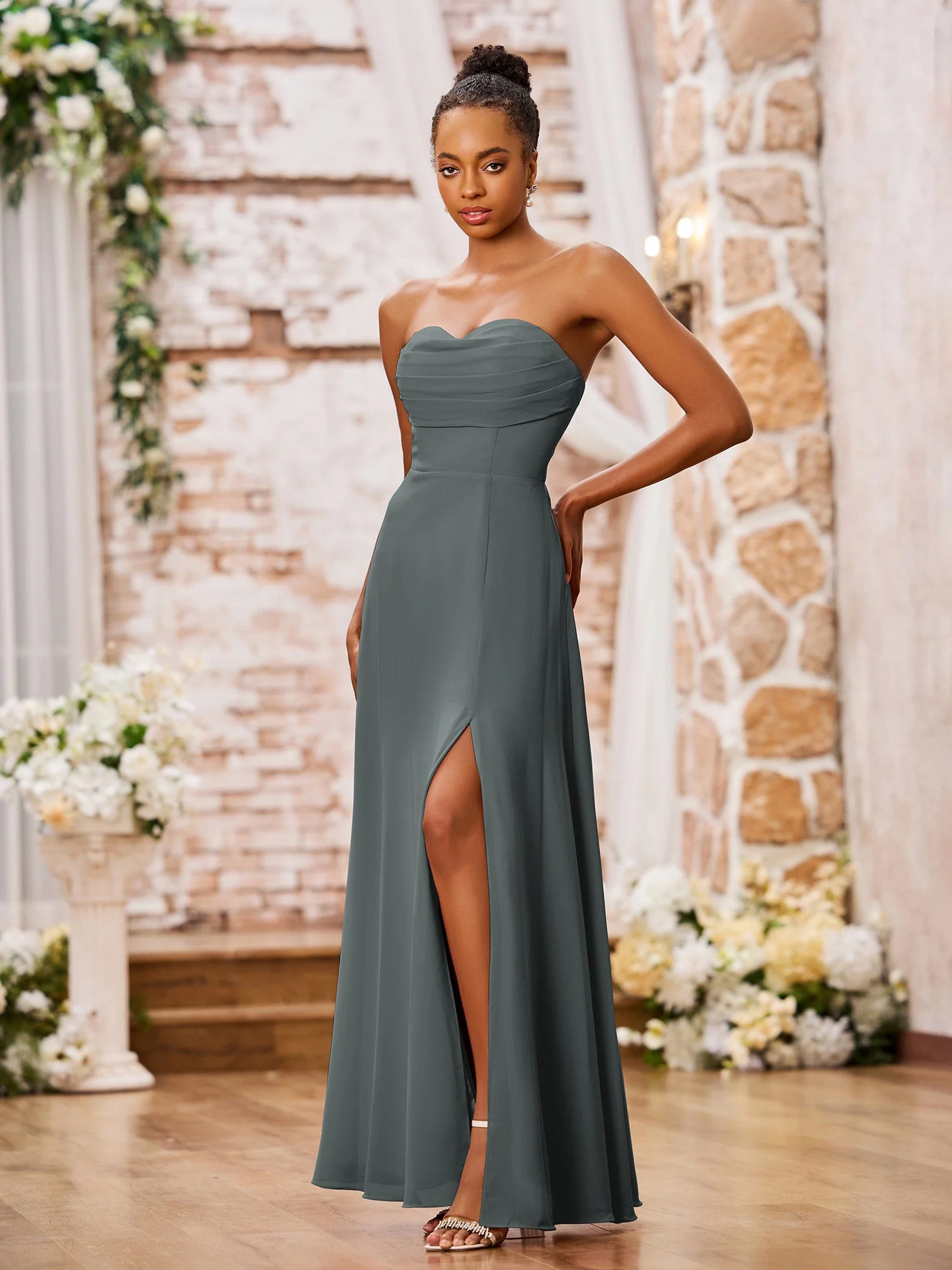Strapless Chiffon Maxi Dresses with Slit Steel Grey - Image 3