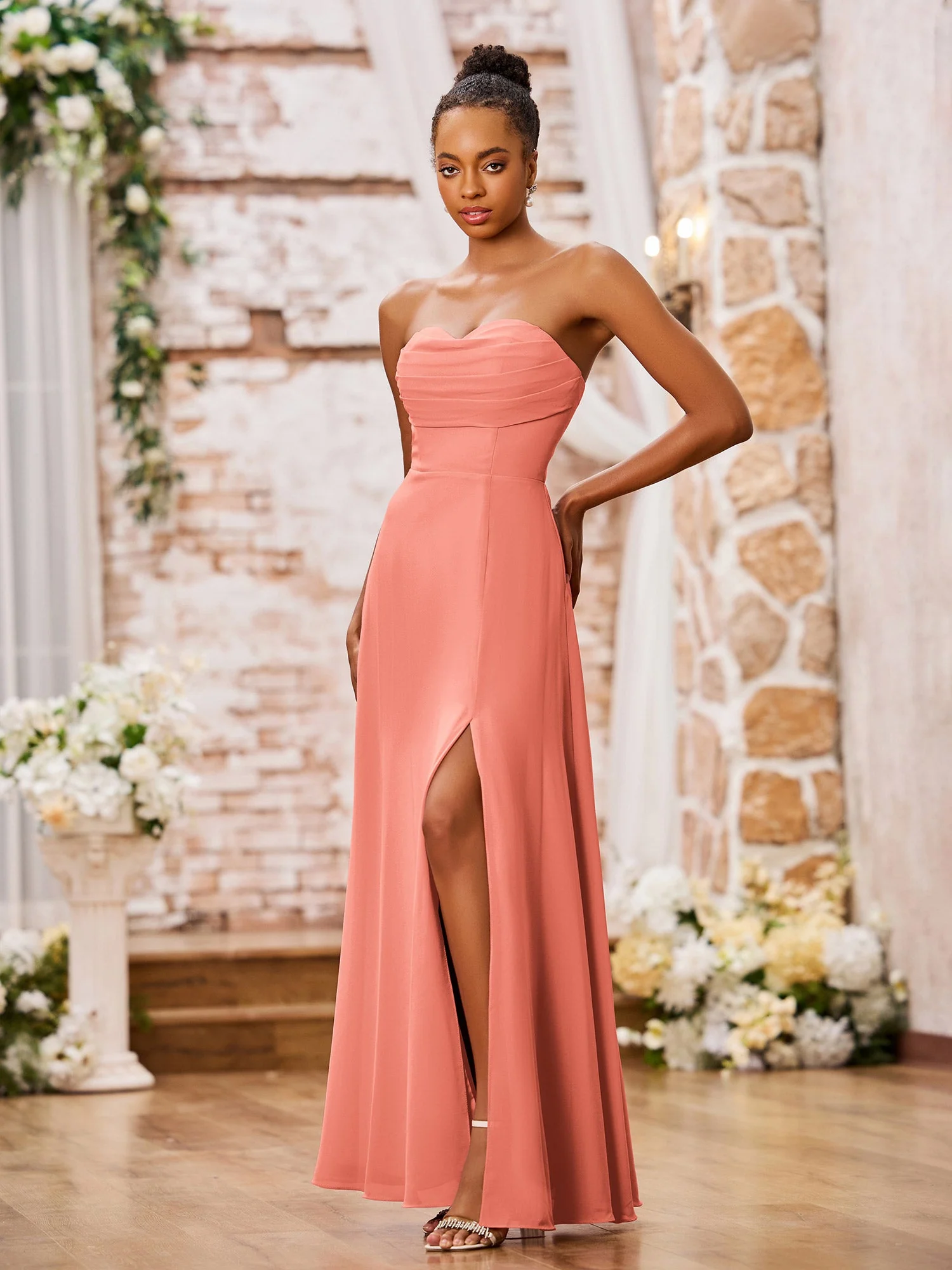 Strapless Chiffon Maxi Dresses with Slit Sunset - Image 3