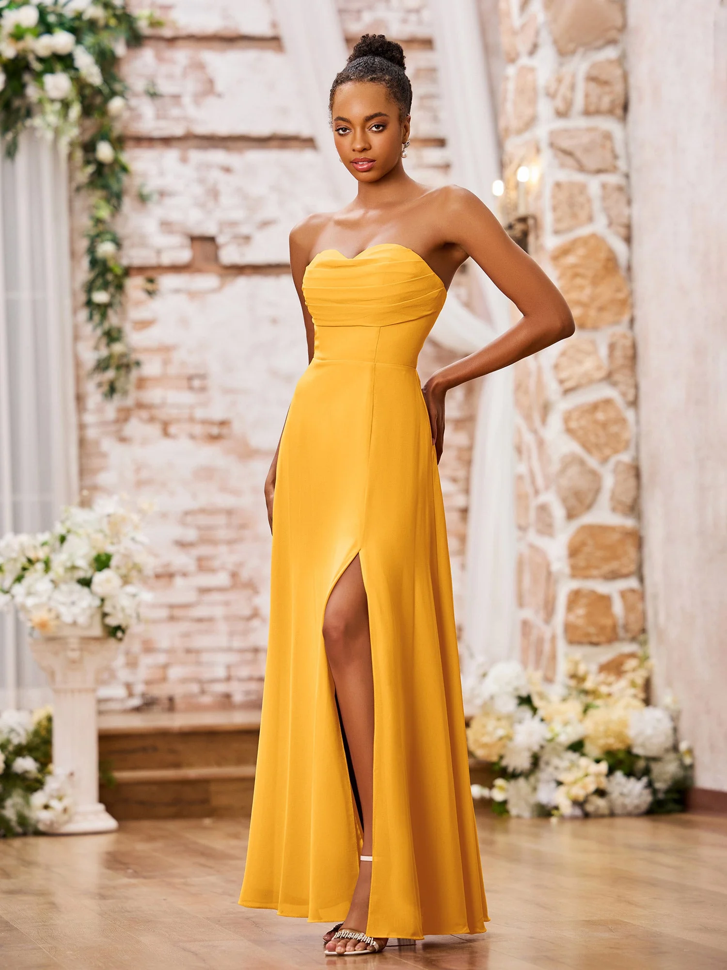 Strapless Chiffon Maxi Dresses with Slit Tangerine - Image 3