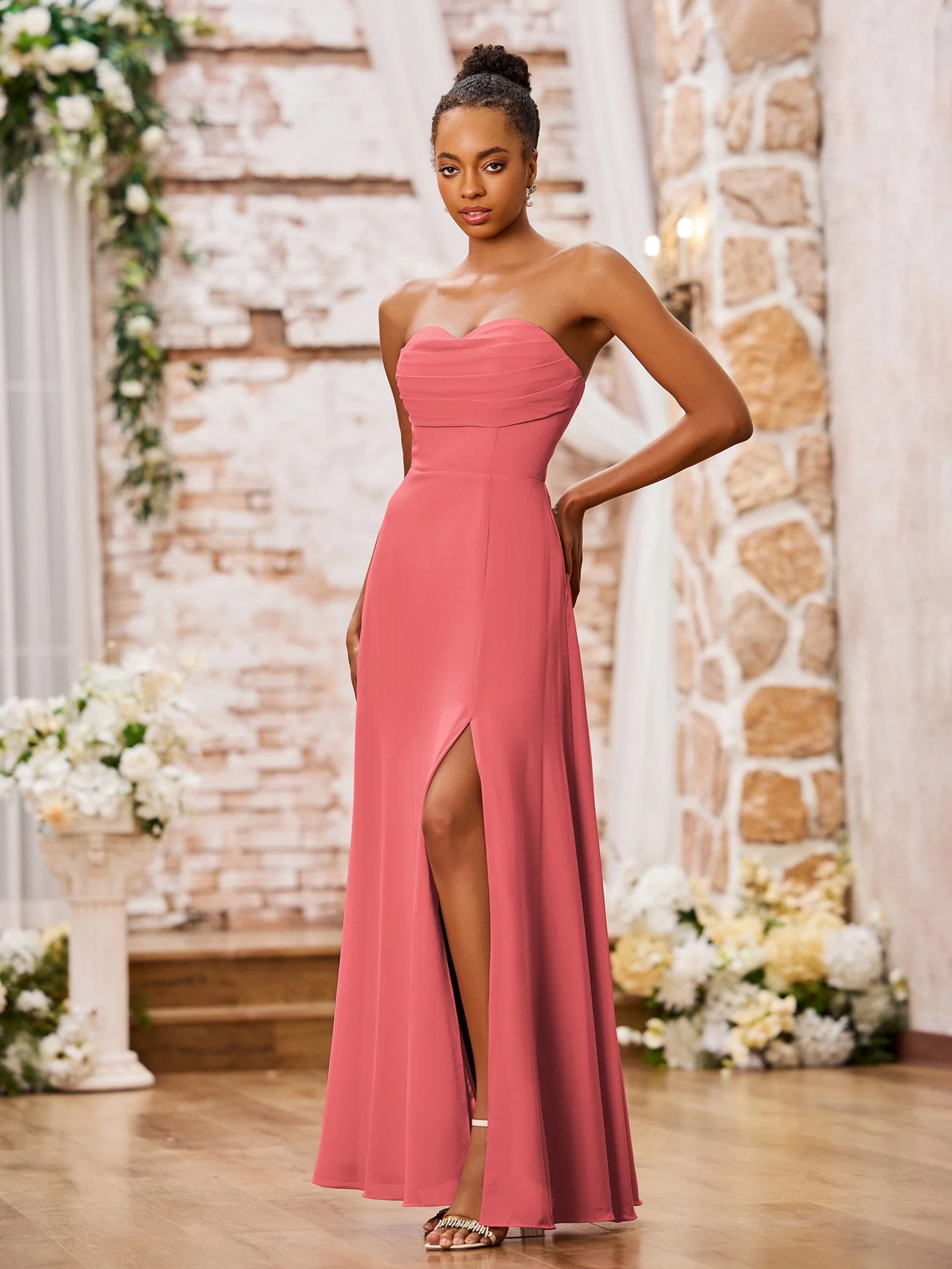 Strapless Chiffon Maxi Dresses with Slit Watermelon - Image 3