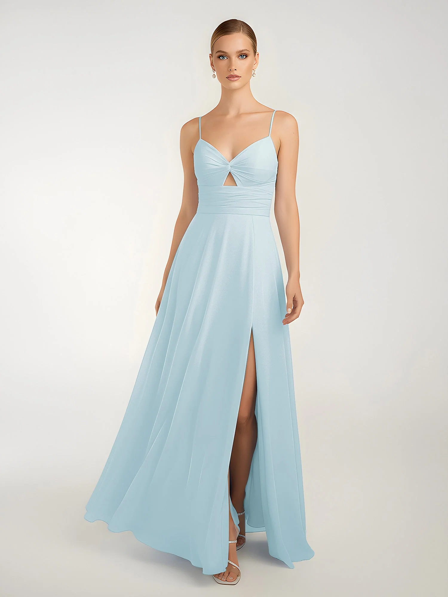 Chiffon A-Line Criss-Cross Straps V-Neck Dresses With Slit Mist - Image 3
