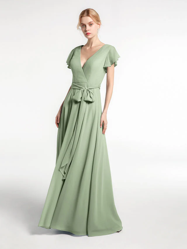 V-neck Cap Sleeves Chiffon Gown with Self-Bow Clearance - Image 3
