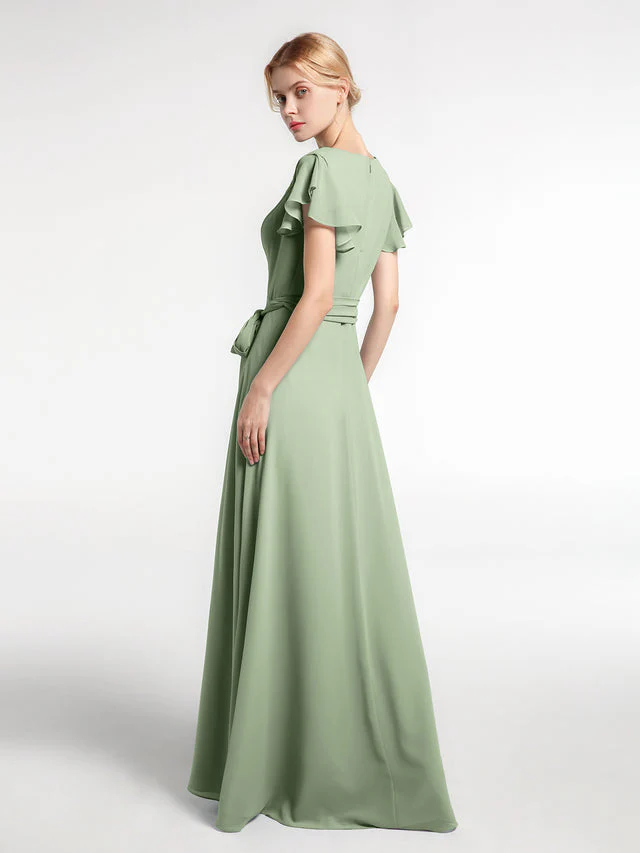 V-neck Cap Sleeves Chiffon Gown with Self-Bow Clearance - Image 4