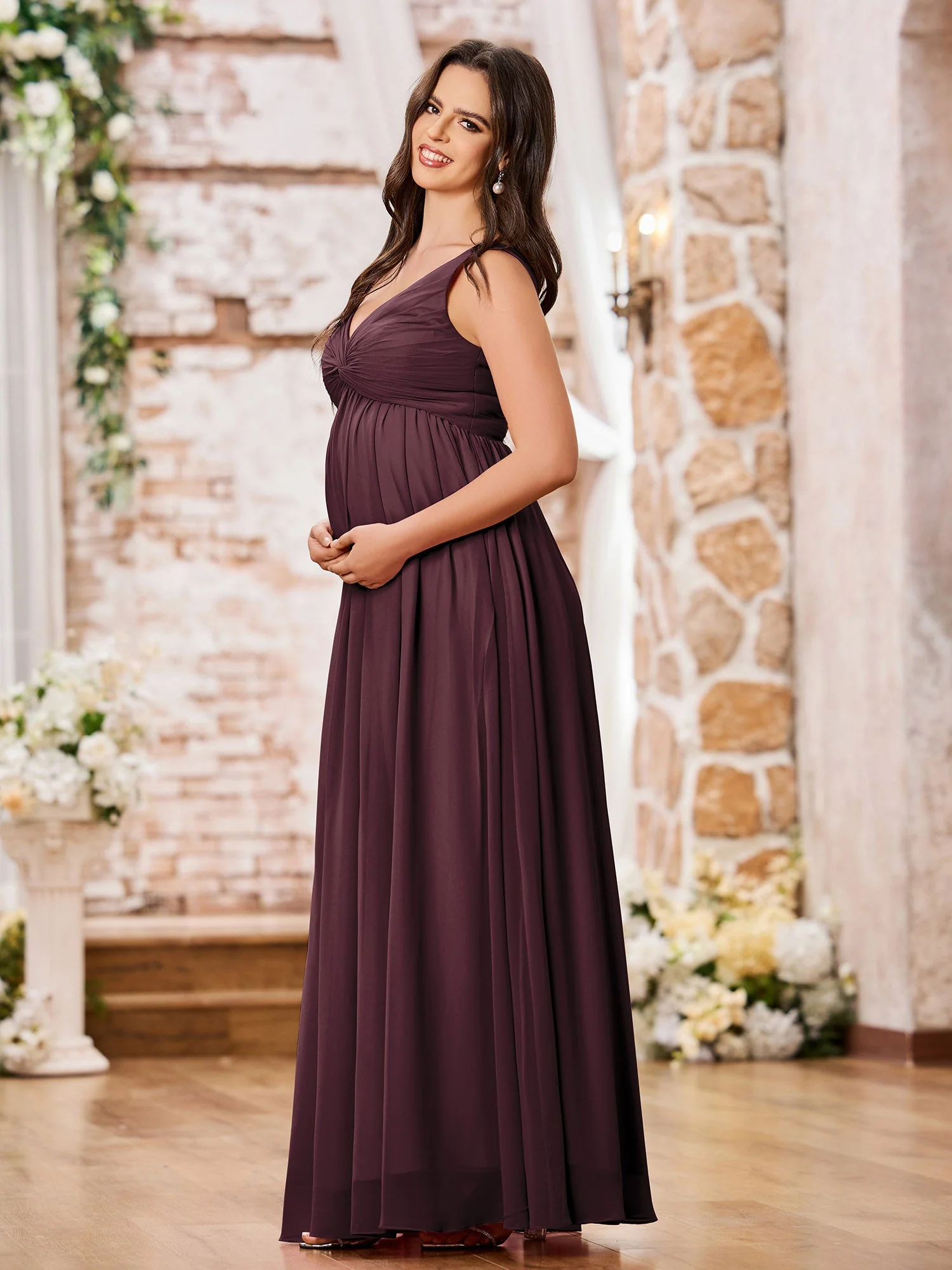 V-neck Chiffon Dresses with Empire Waist Cabernet - Image 3