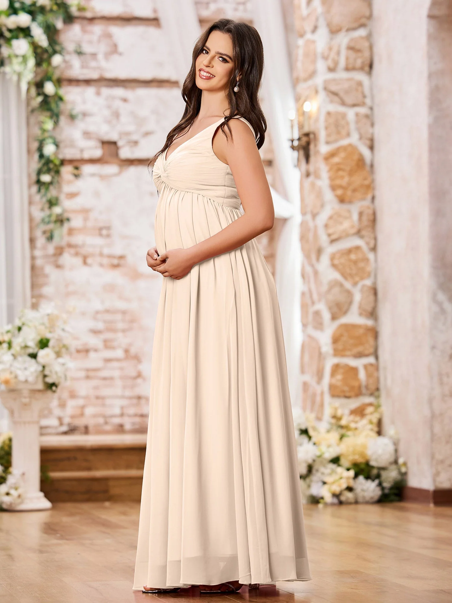 V-neck Chiffon Dresses with Empire Waist Peach - Image 3