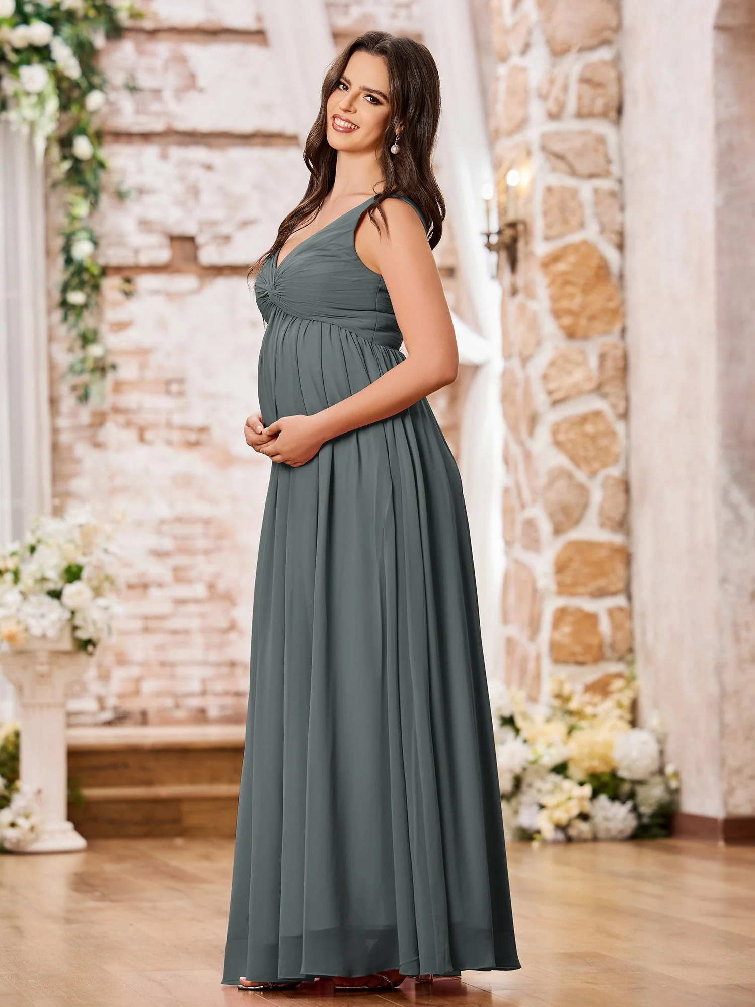 V-neck Chiffon Dresses with Empire Waist Steel Grey - Image 3