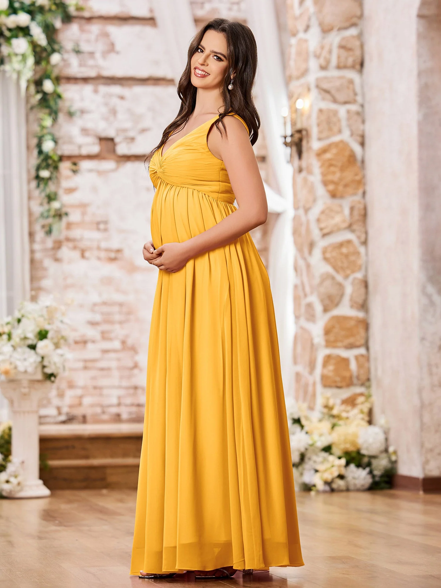 V-neck Chiffon Dresses with Empire Waist Tangerine - Image 3