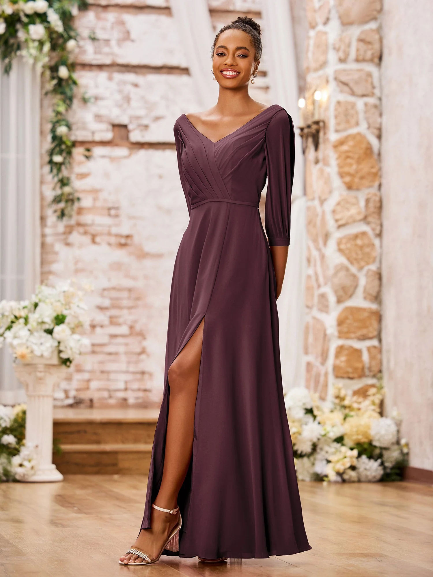 V-neck Chiffon Dresses with Slit and Half Sleeves Cabernet - Image 3