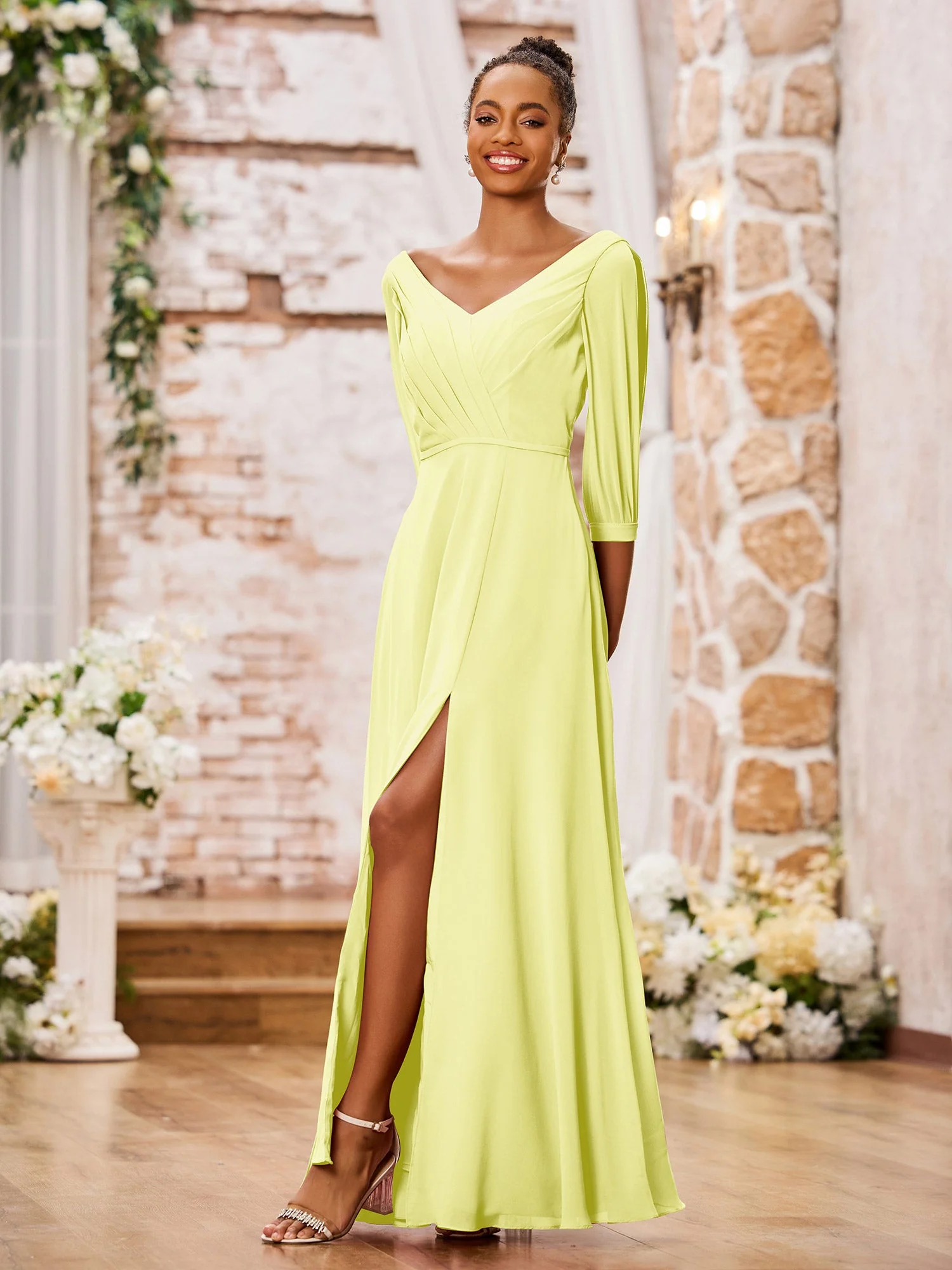 V-neck Chiffon Dresses with Slit and Half Sleeves Daffodil - Image 3