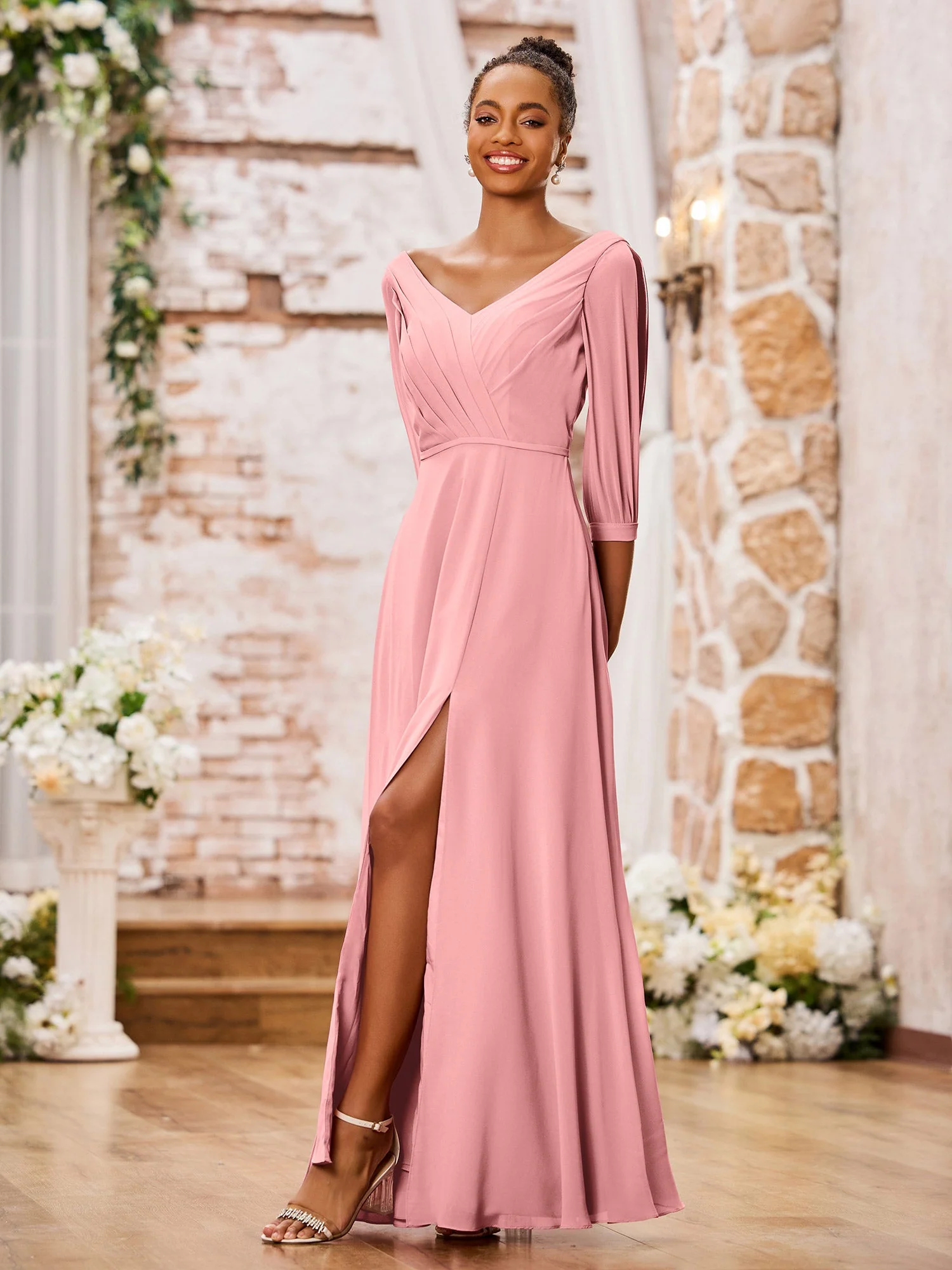 V-neck Chiffon Dresses with Slit and Half Sleeves Flamingo - Image 3