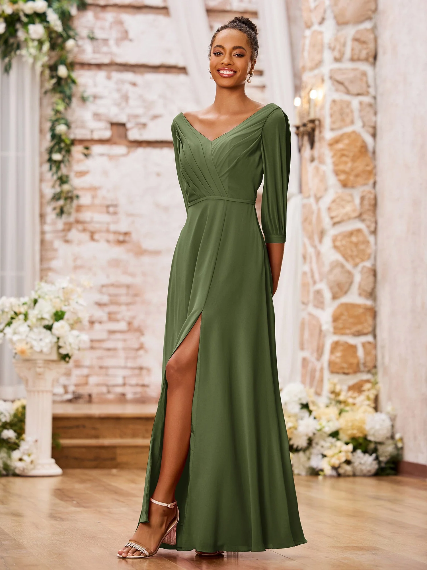 V-neck Chiffon Dresses with Slit and Half Sleeves Olive Green - Image 3