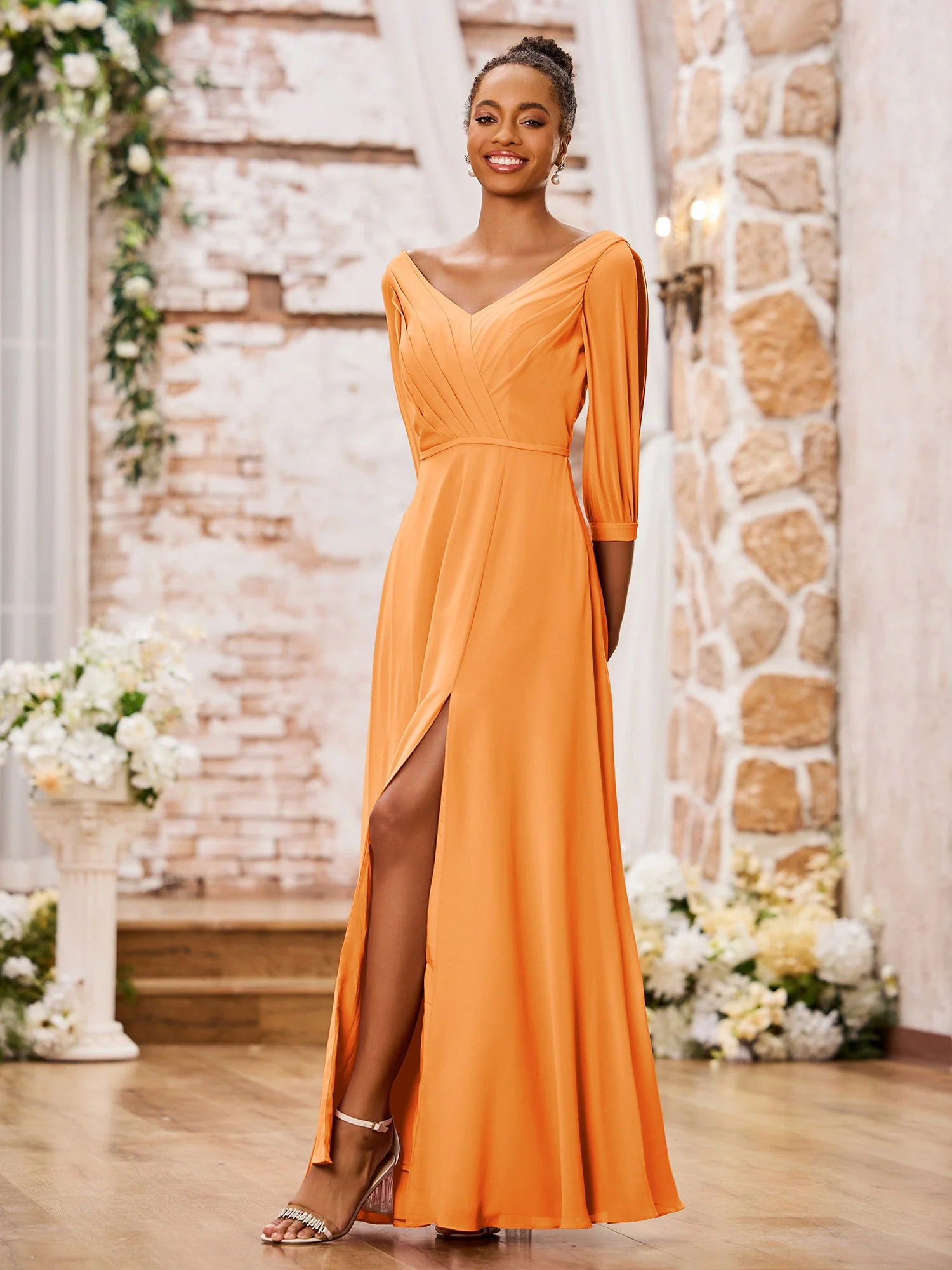 V-neck Chiffon Dresses with Slit and Half Sleeves Orange - Image 3