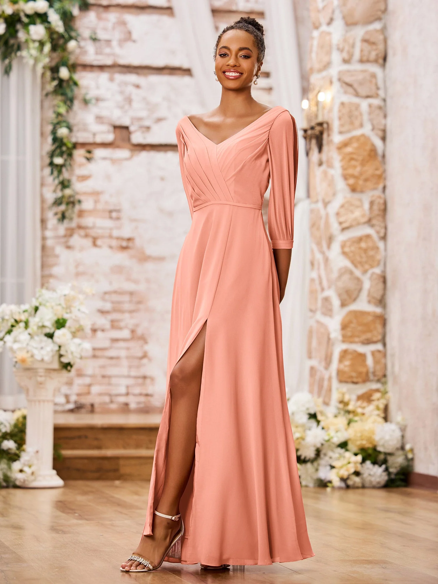 V-neck Chiffon Dresses with Slit and Half Sleeves Papaya - Image 3