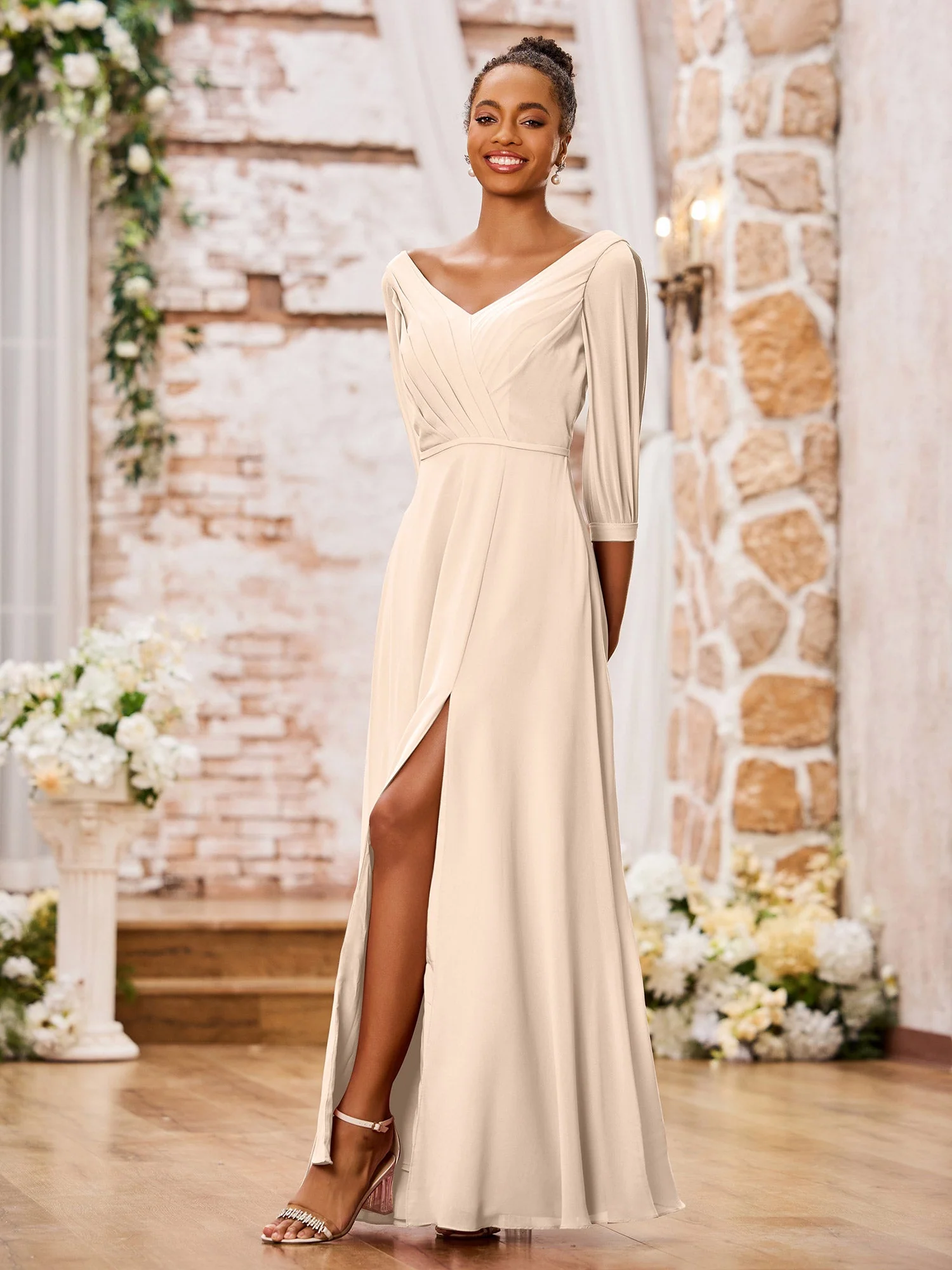 V-neck Chiffon Dresses with Slit and Half Sleeves Peach - Image 3