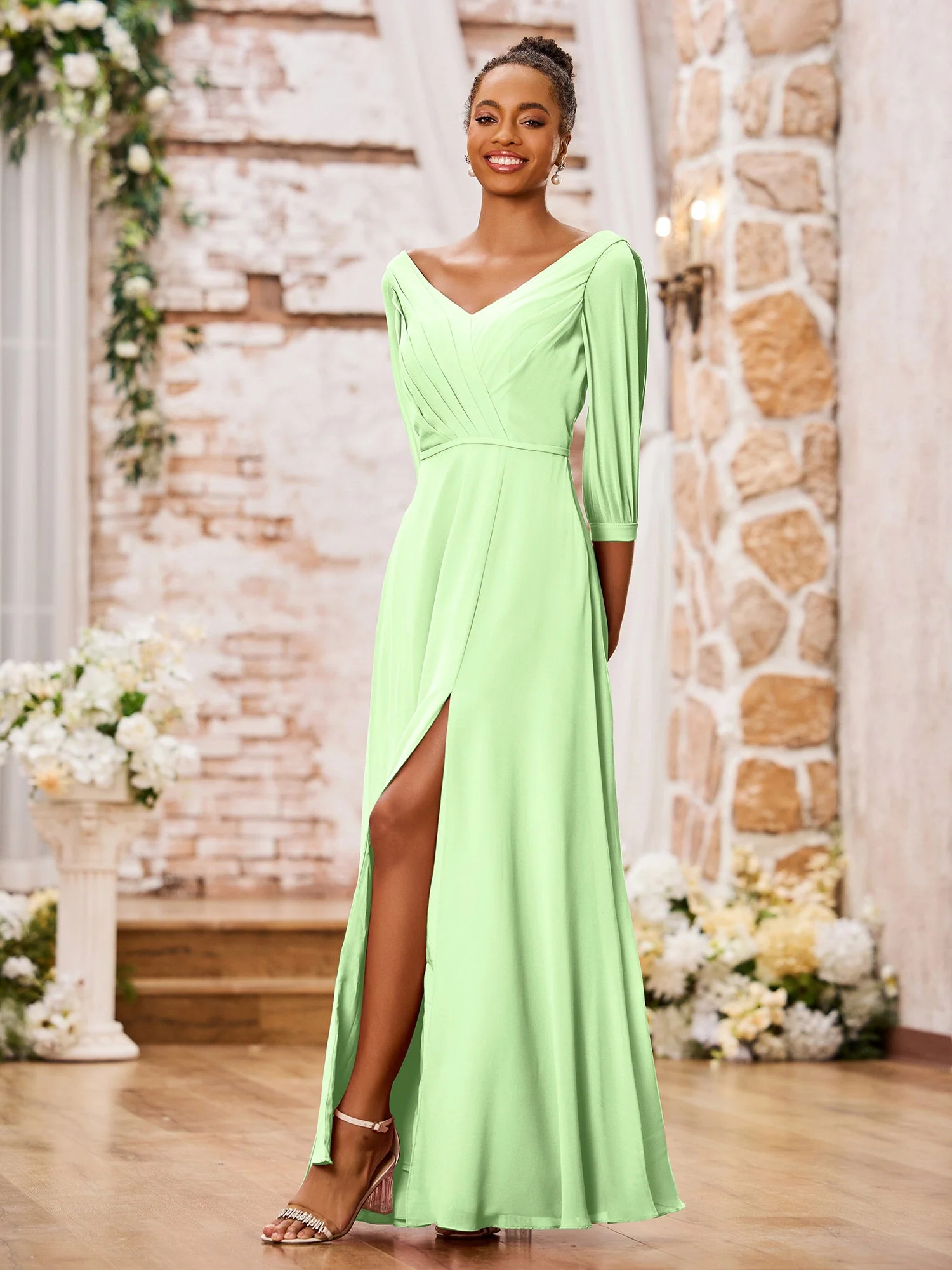 V-neck Chiffon Dresses with Slit and Half Sleeves Sage - Image 3