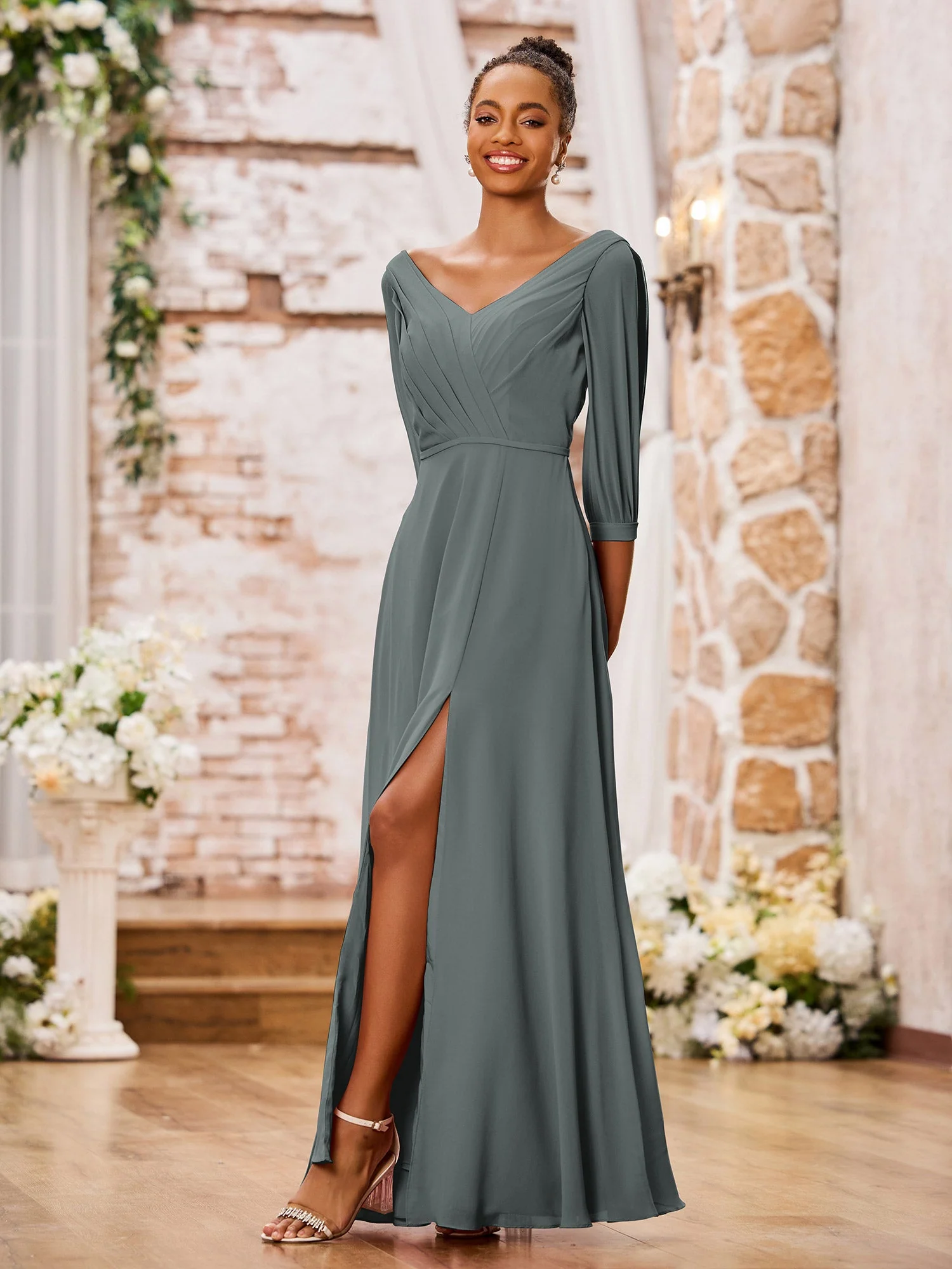 V-neck Chiffon Dresses with Slit and Half Sleeves Steel Grey - Image 3