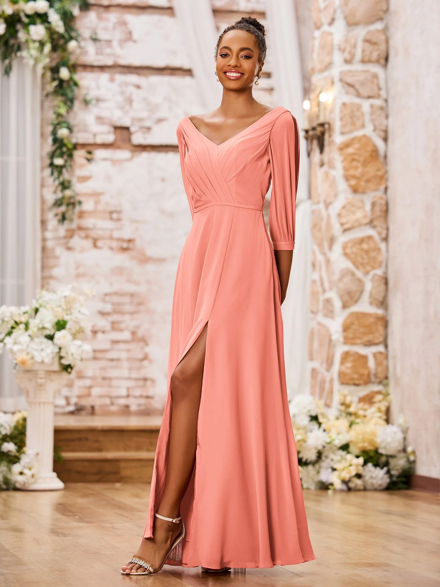 V-neck Chiffon Dresses with Slit and Half Sleeves Sunset - Image 3