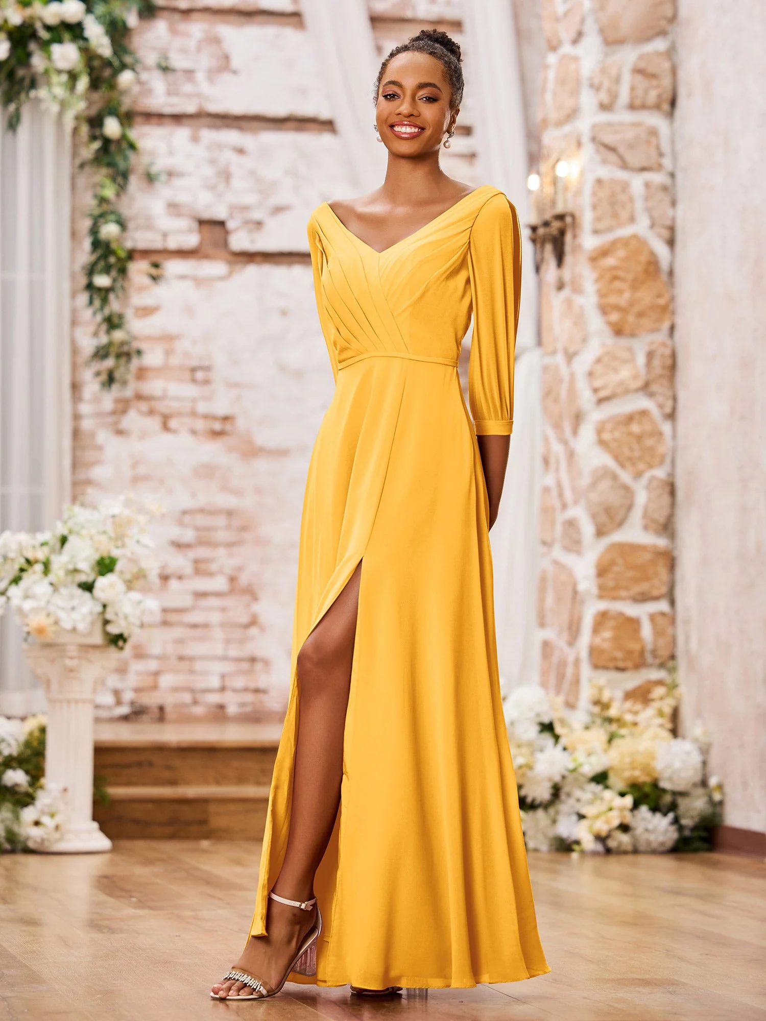 V-neck Chiffon Dresses with Slit and Half Sleeves Tangerine - Image 3