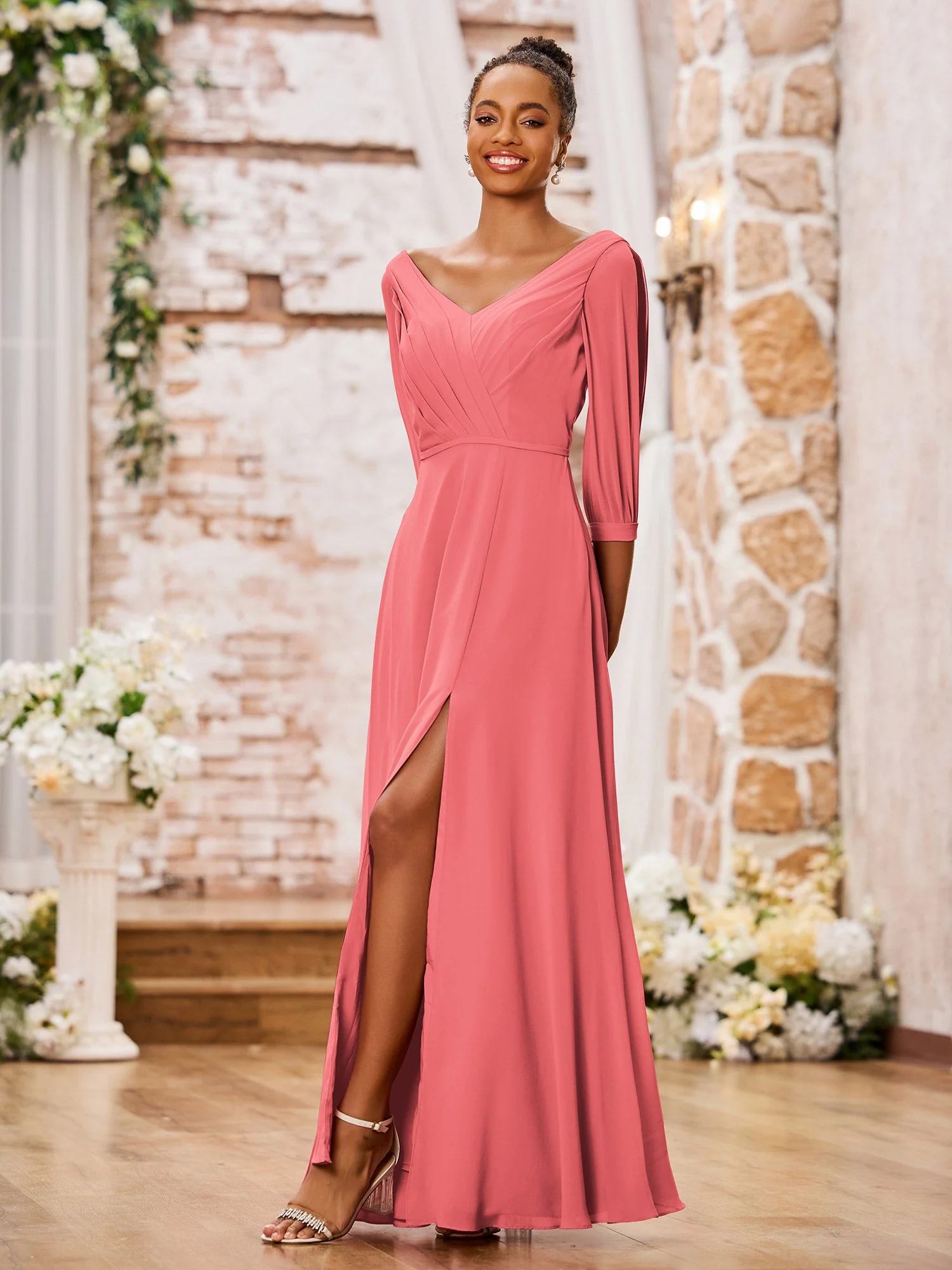 V-neck Chiffon Dresses with Slit and Half Sleeves Watermelon - Image 3